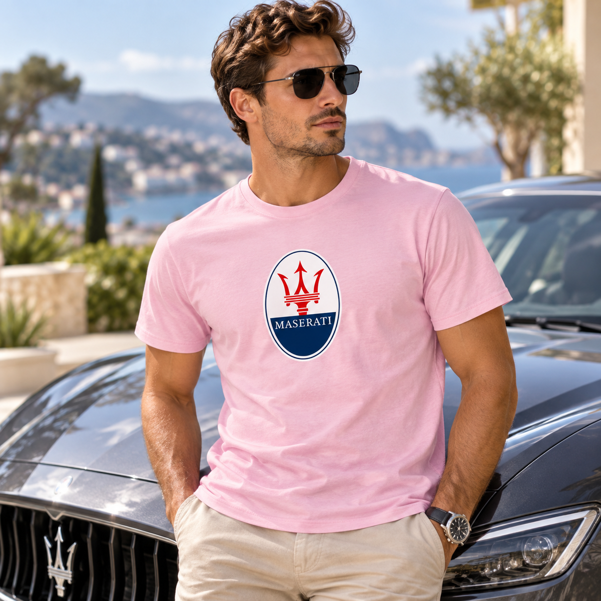 Men’s Maserati Car Cotton T-Shirt | Color: Pink | Image 1