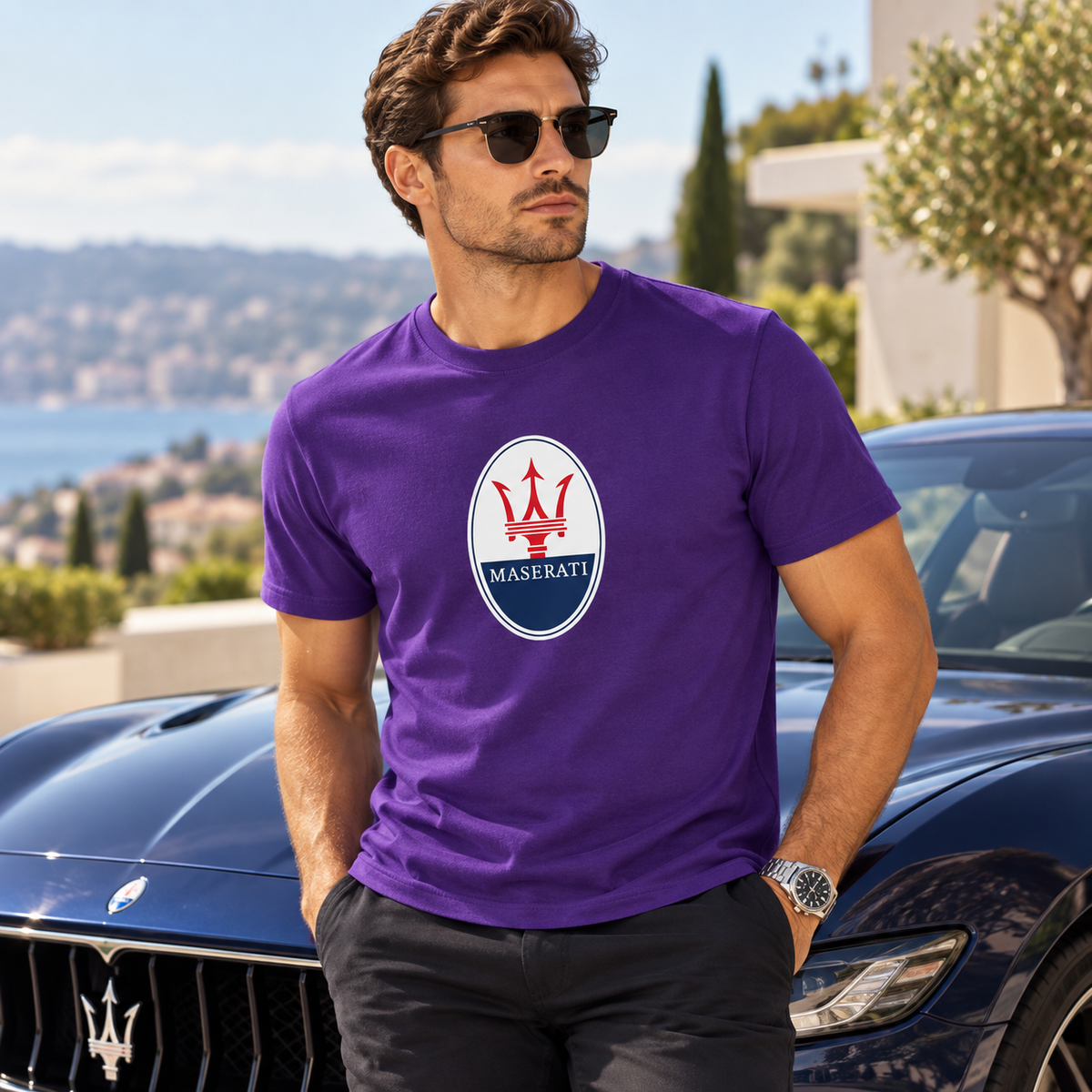 Men’s Maserati Car Cotton T-Shirt | Color: Purple | Image 1