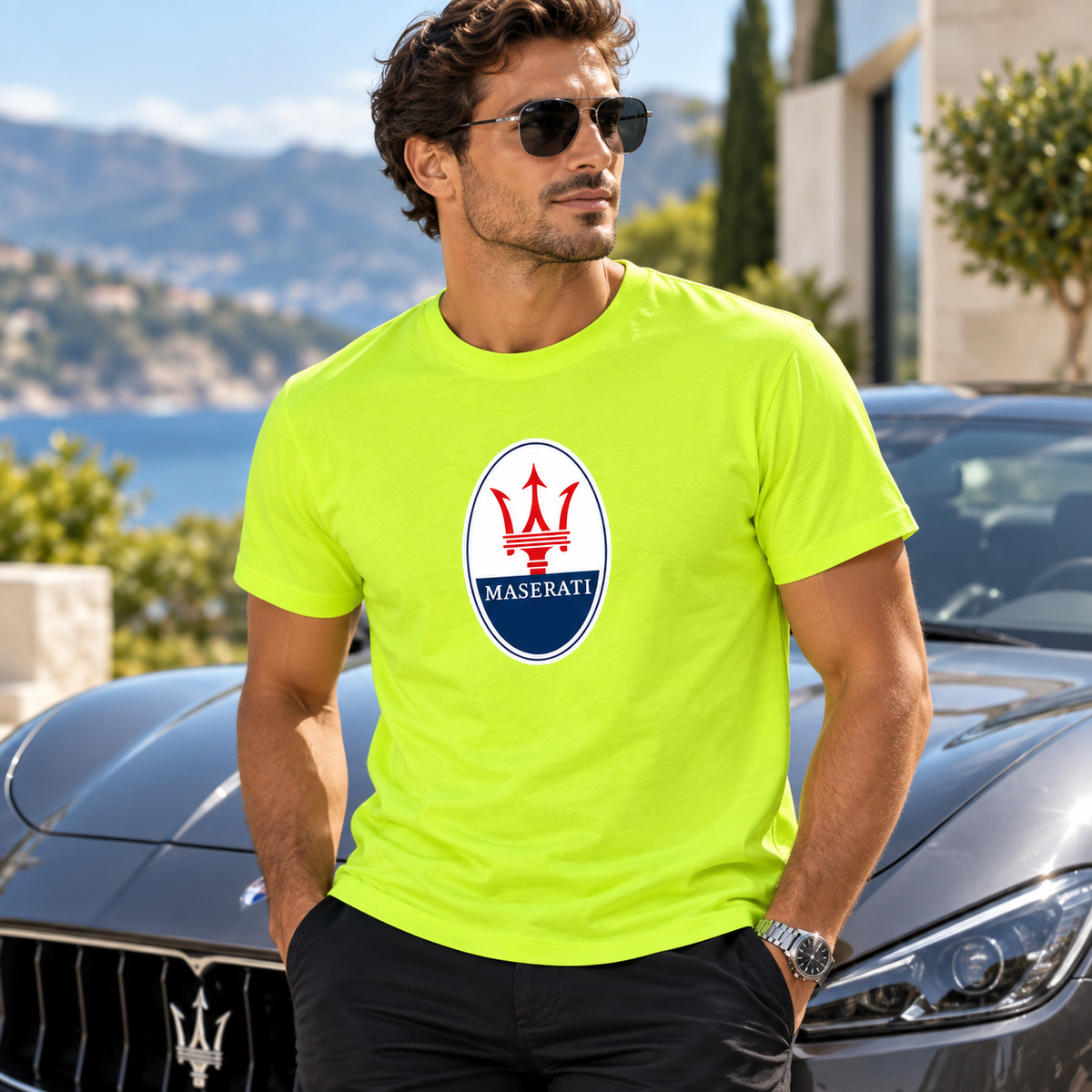 Men’s Maserati Car Cotton T-Shirt | Color: Safety Green | Image 1