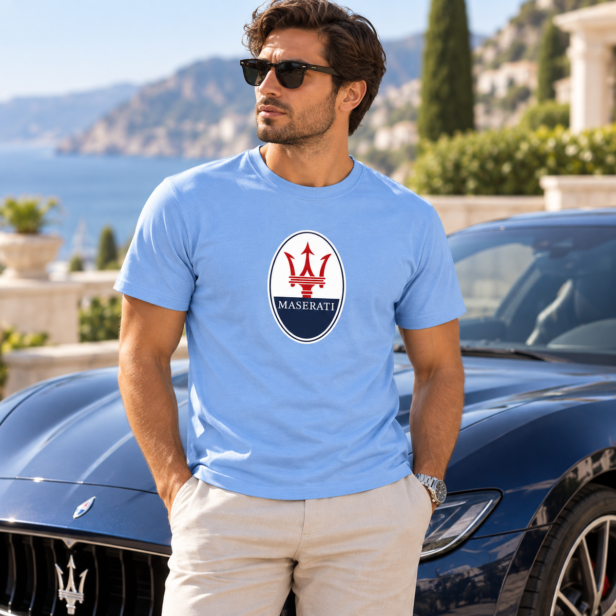 Men’s Maserati Car Cotton T-Shirt | Color: Sky Blue | Image 1