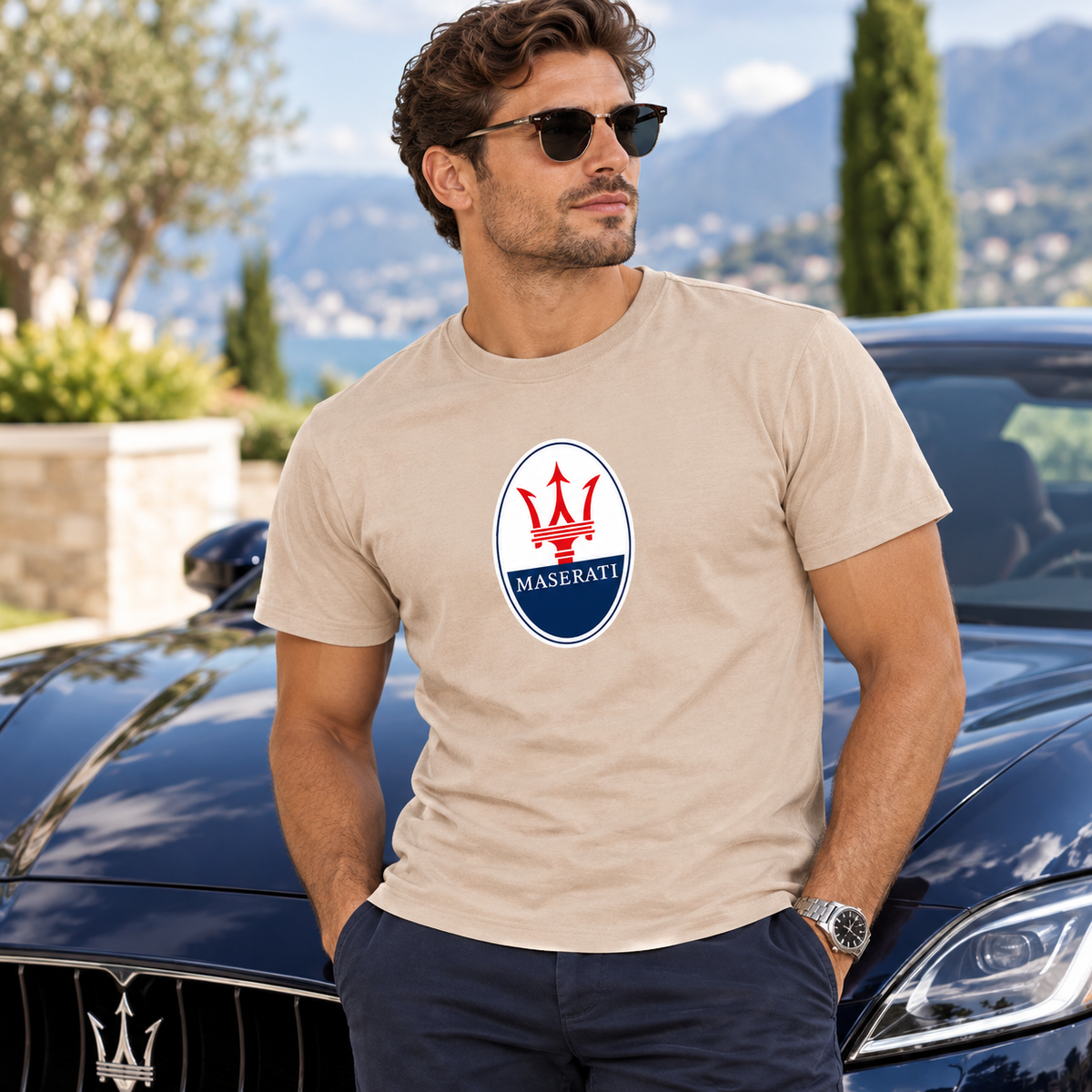 Men’s Maserati Car Cotton T-Shirt | Color: Tan | Image 1