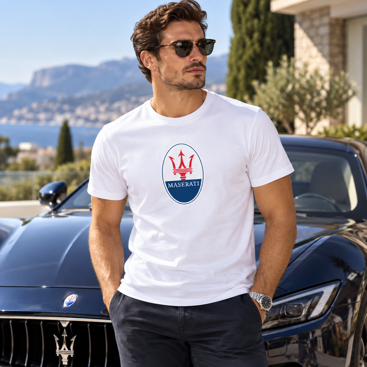 Men’s Maserati Car Cotton T-Shirt | Color: White | Image 1