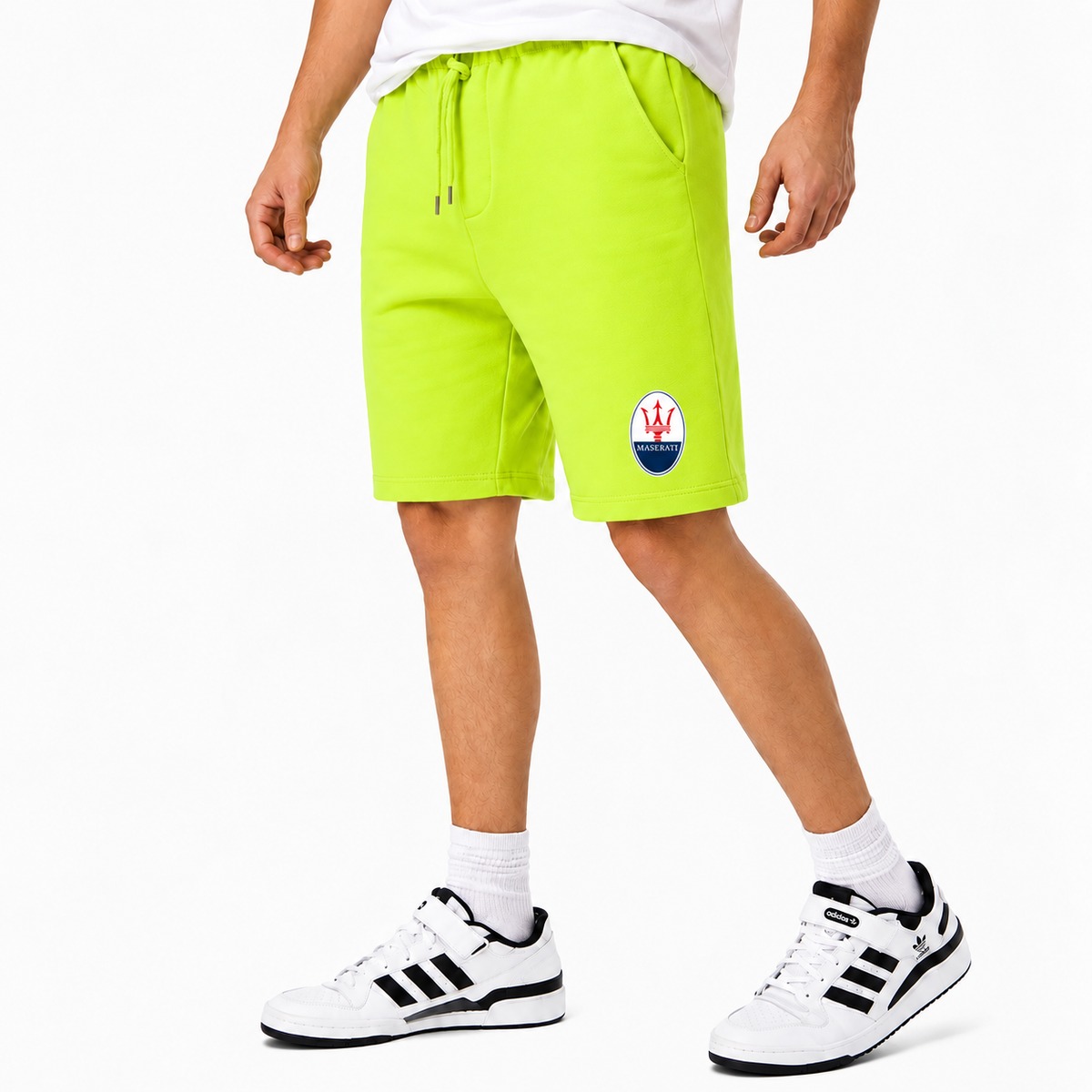 Maserati fleece shorts Lime Green front logo near left hem
