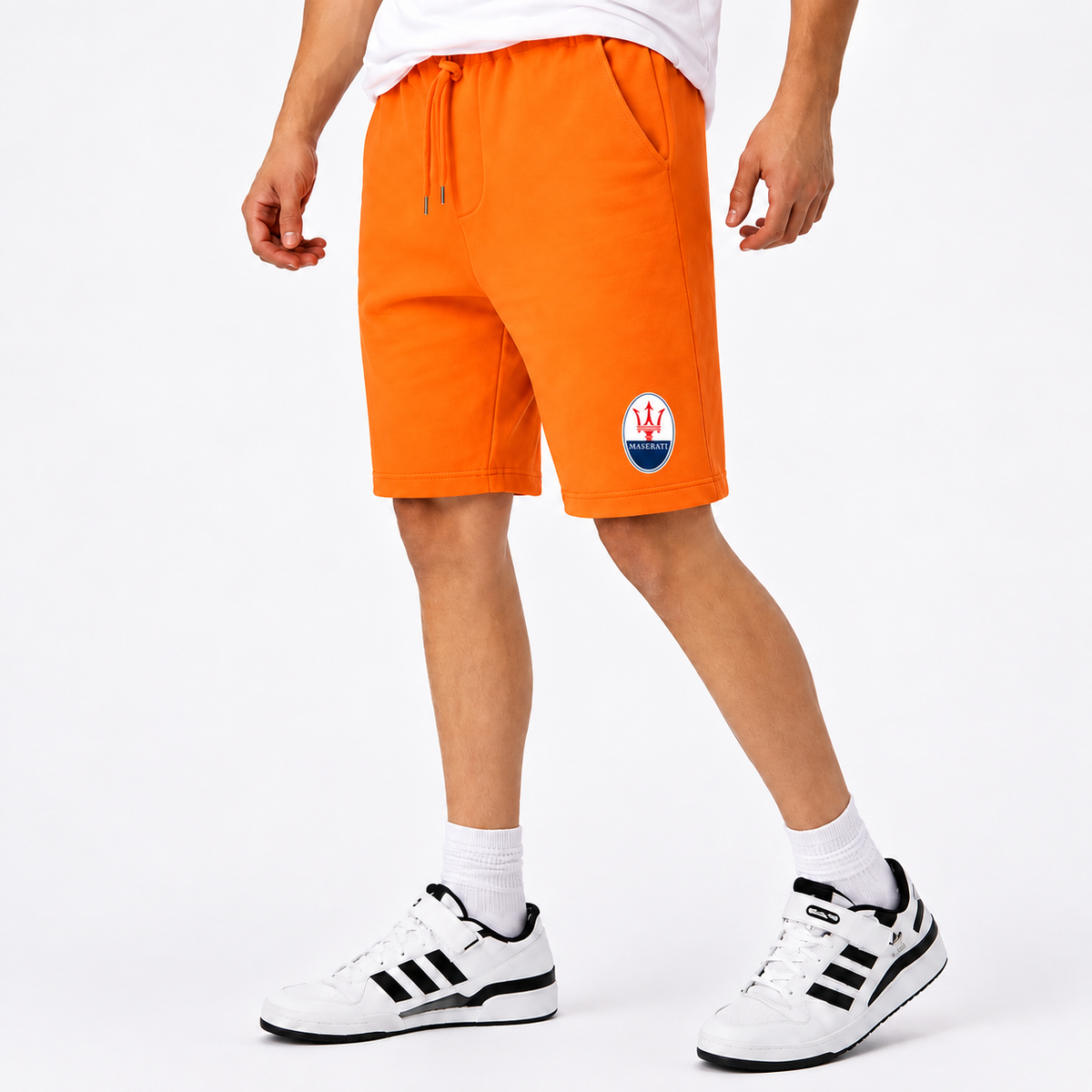 Maserati fleece shorts Orange front logo near left hem