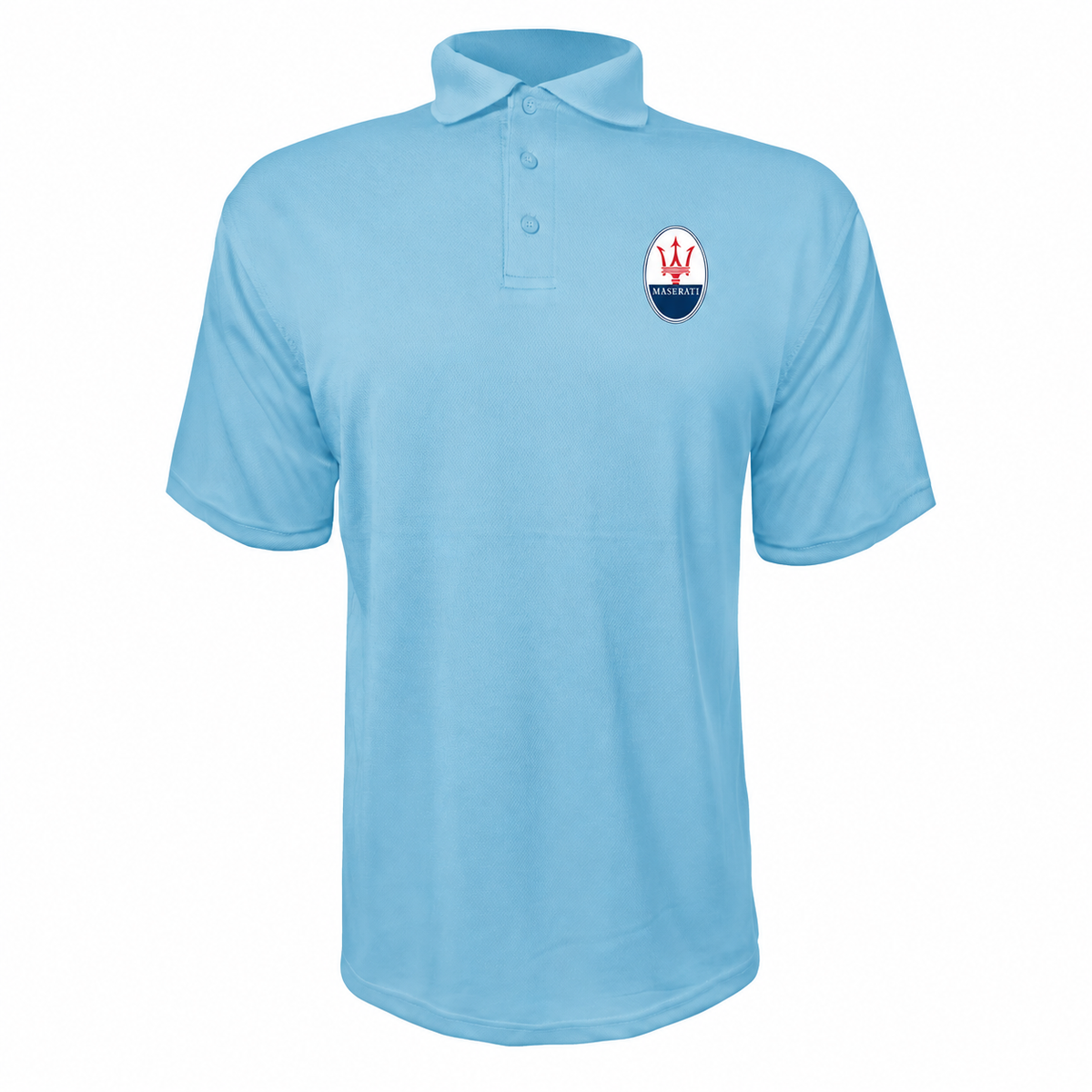 Maserati polyester polo — Carolina Blue — original-color logo on left chest