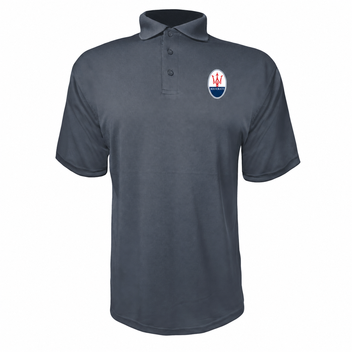 Maserati polyester polo — Charcoal — original-color logo on left chest
