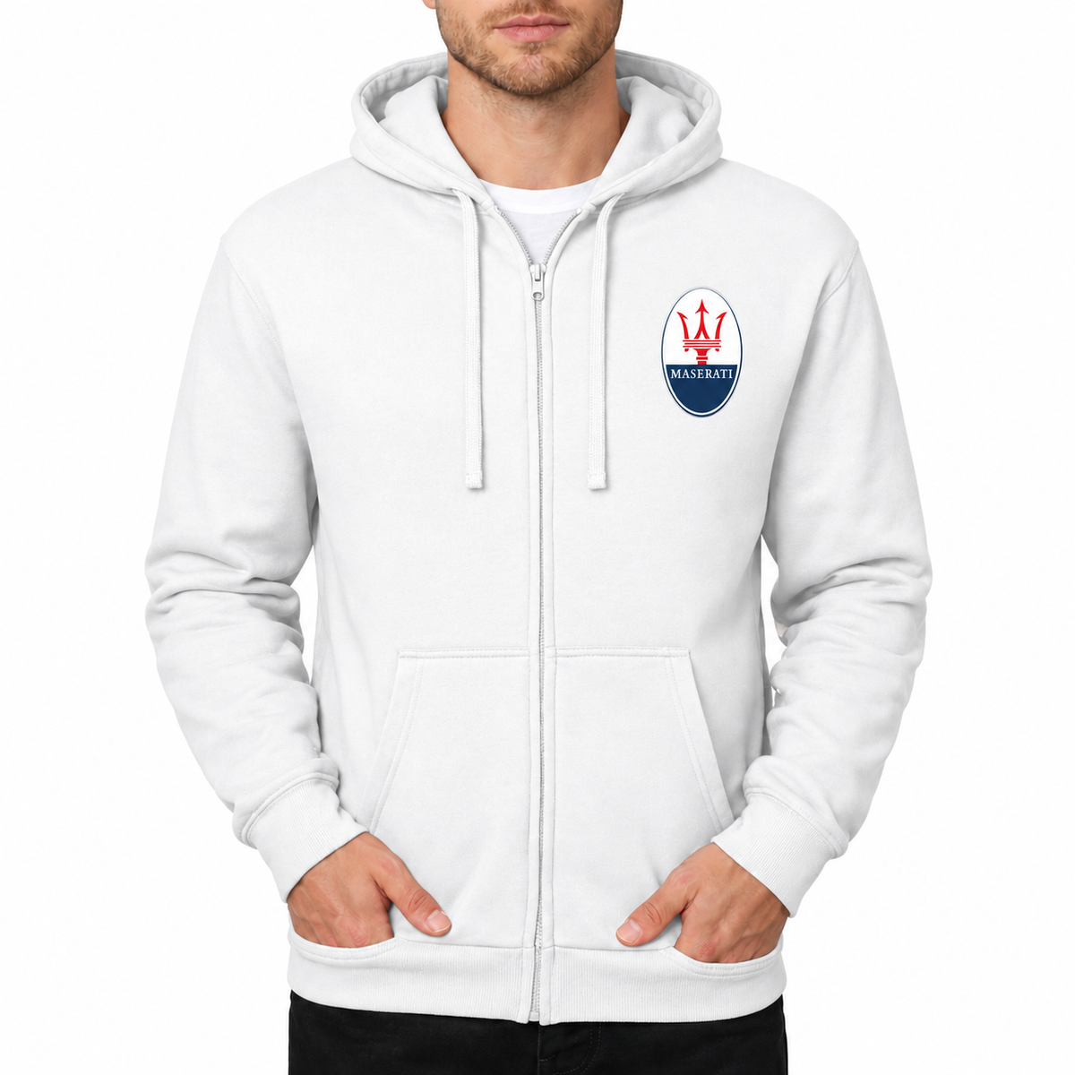 Maserati White zipper hoodie front left chest heat transfer