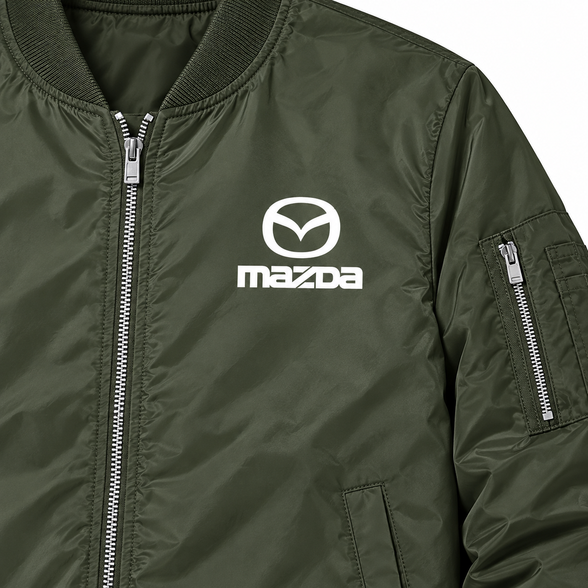 Mazda army green bomber jacket chest print detail | color: army green |