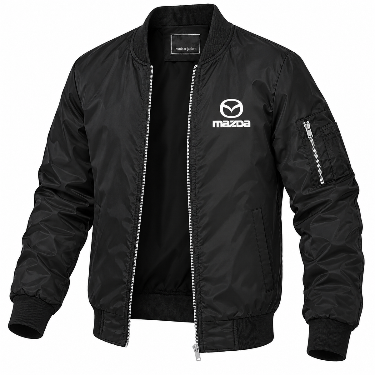 Mazda black bomber jacket angled product view | color: black |