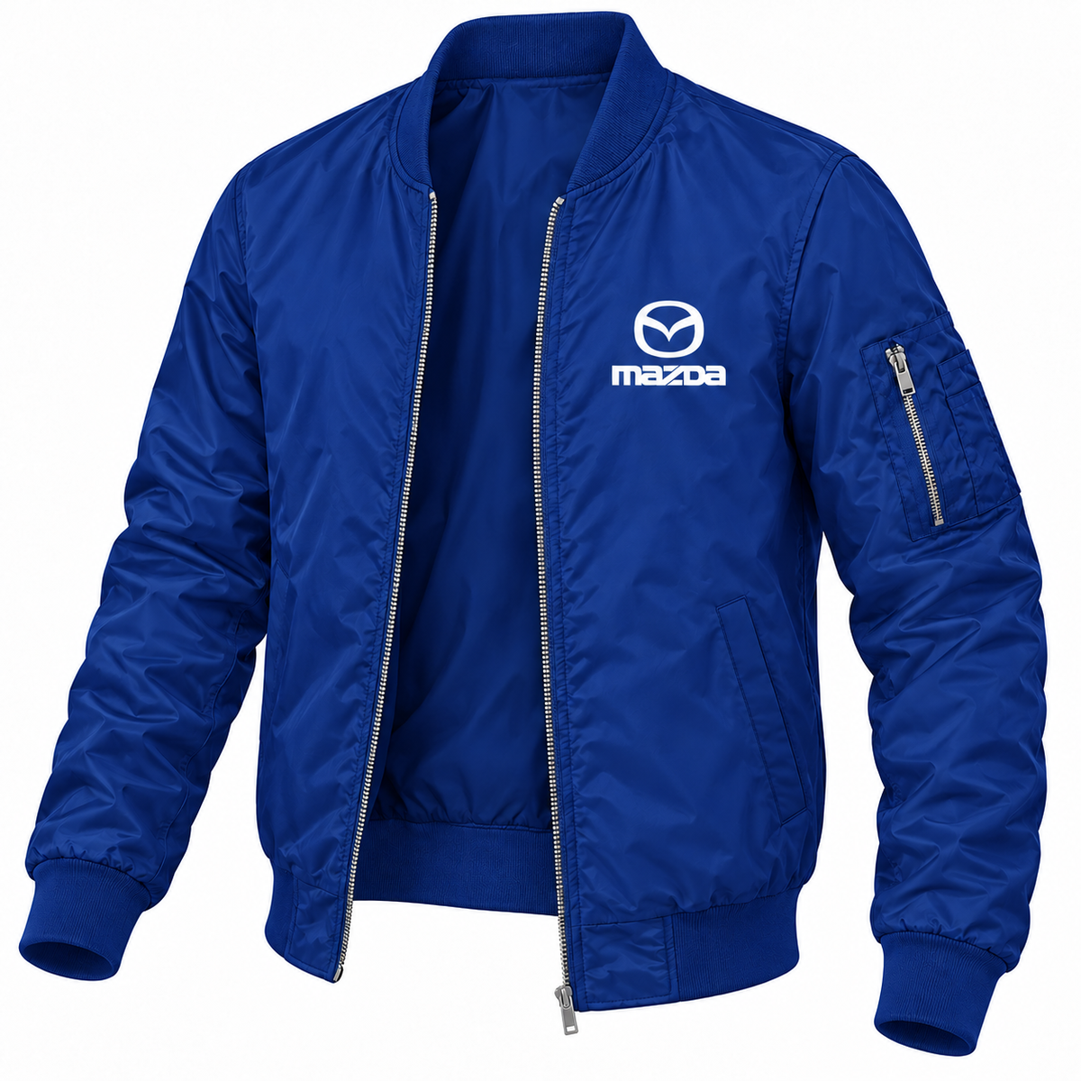 Mazda blue bomber jacket angled product view | color: blue |
