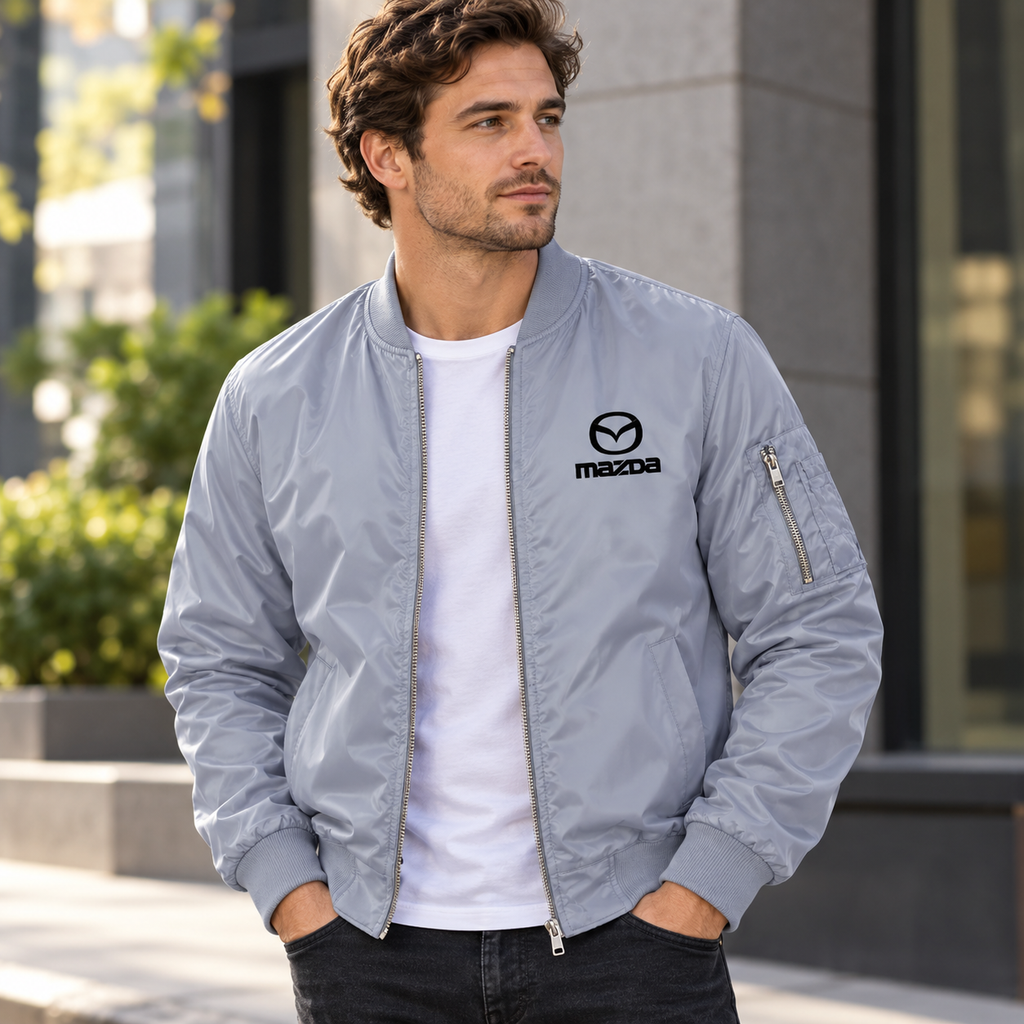 Mazda grey bomber jacket model lifestyle view | color: grey |