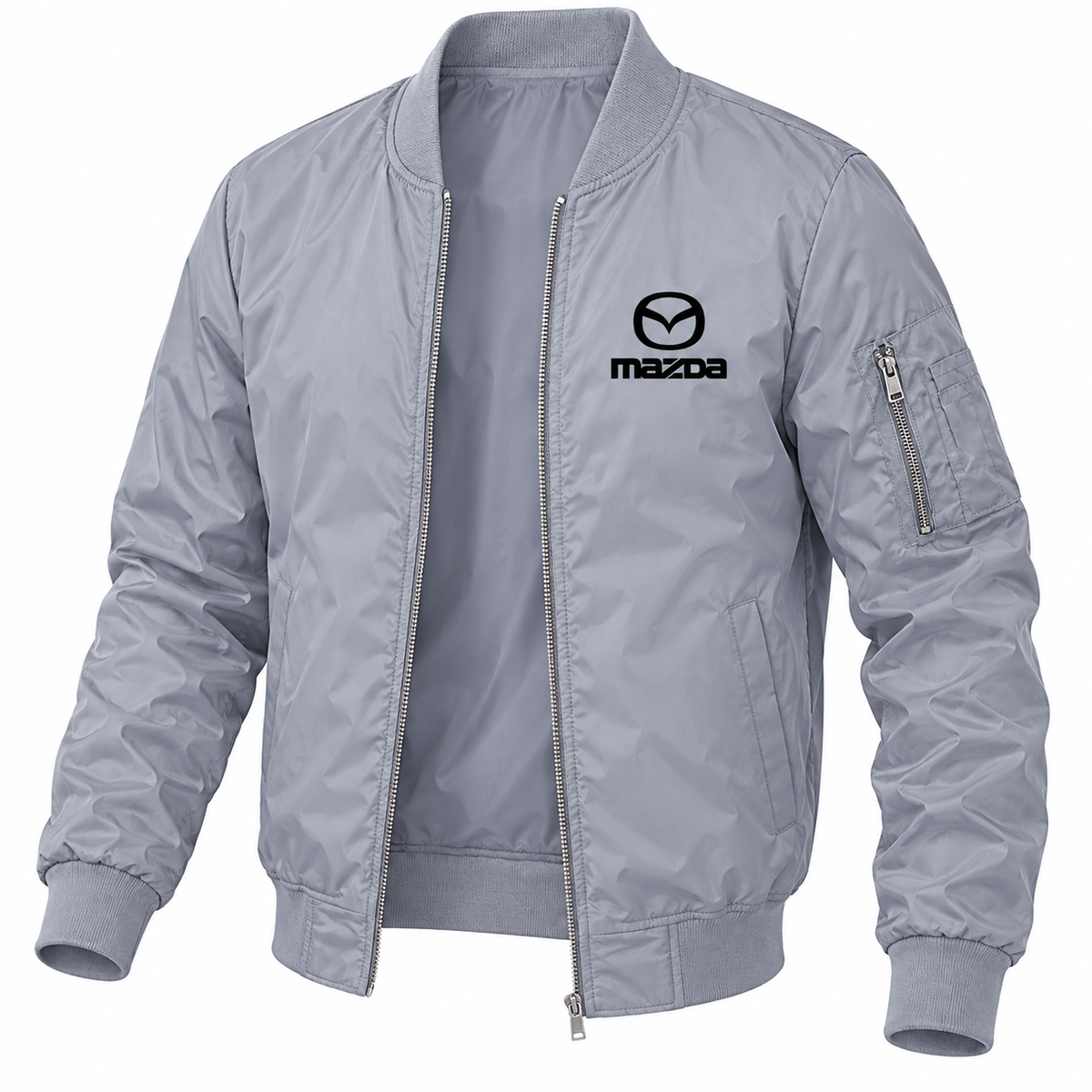 Mazda grey bomber jacket angled product view | color: grey |