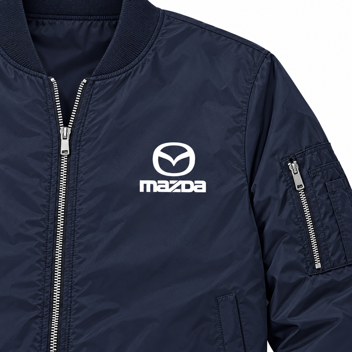 Mazda navy bomber jacket chest print detail | color: navy |