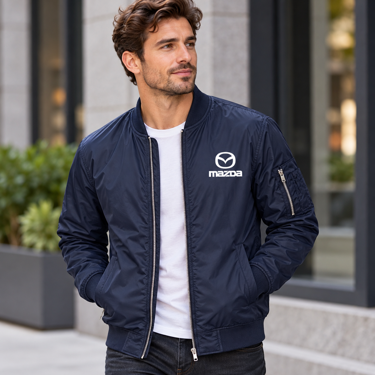 Mazda navy bomber jacket model lifestyle view | color: navy |