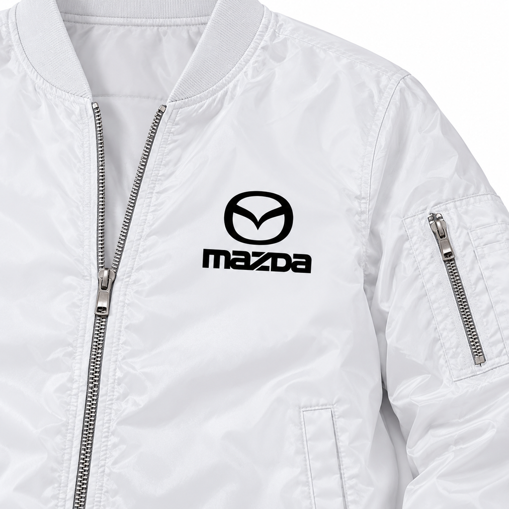 Mazda white bomber jacket chest print detail | color: white |