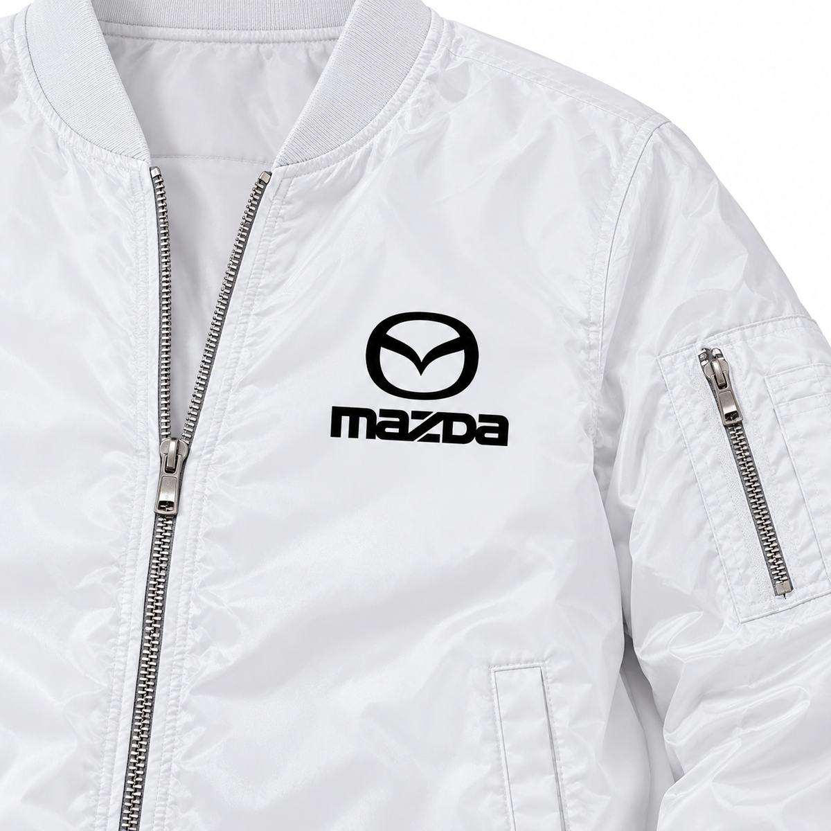 Mazda white bomber jacket chest print detail | color: white |