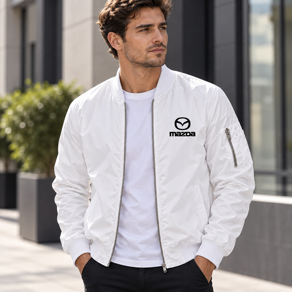 Mazda white bomber jacket model lifestyle view | color: white |