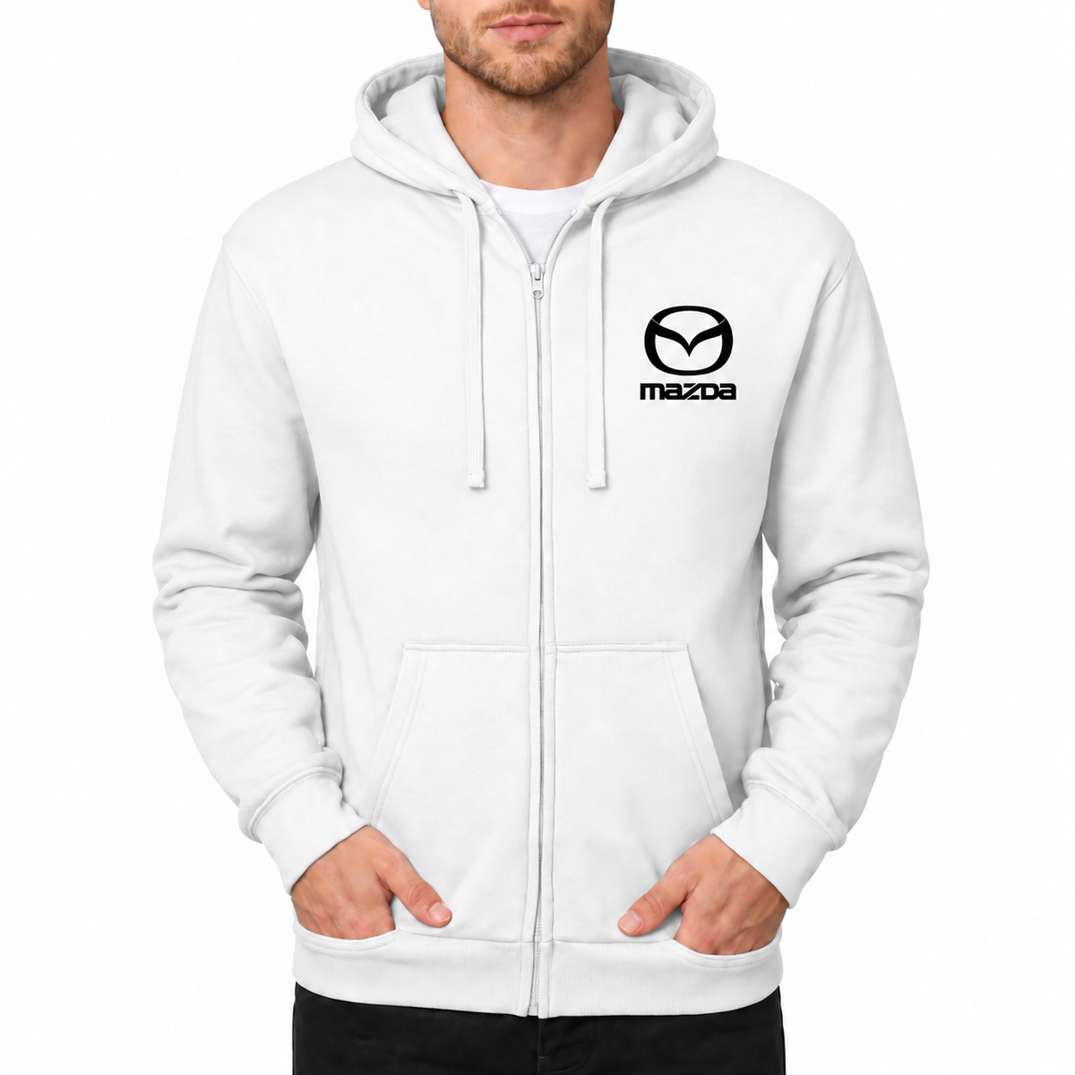 Mazda White zipper hoodie front left chest heat transfer