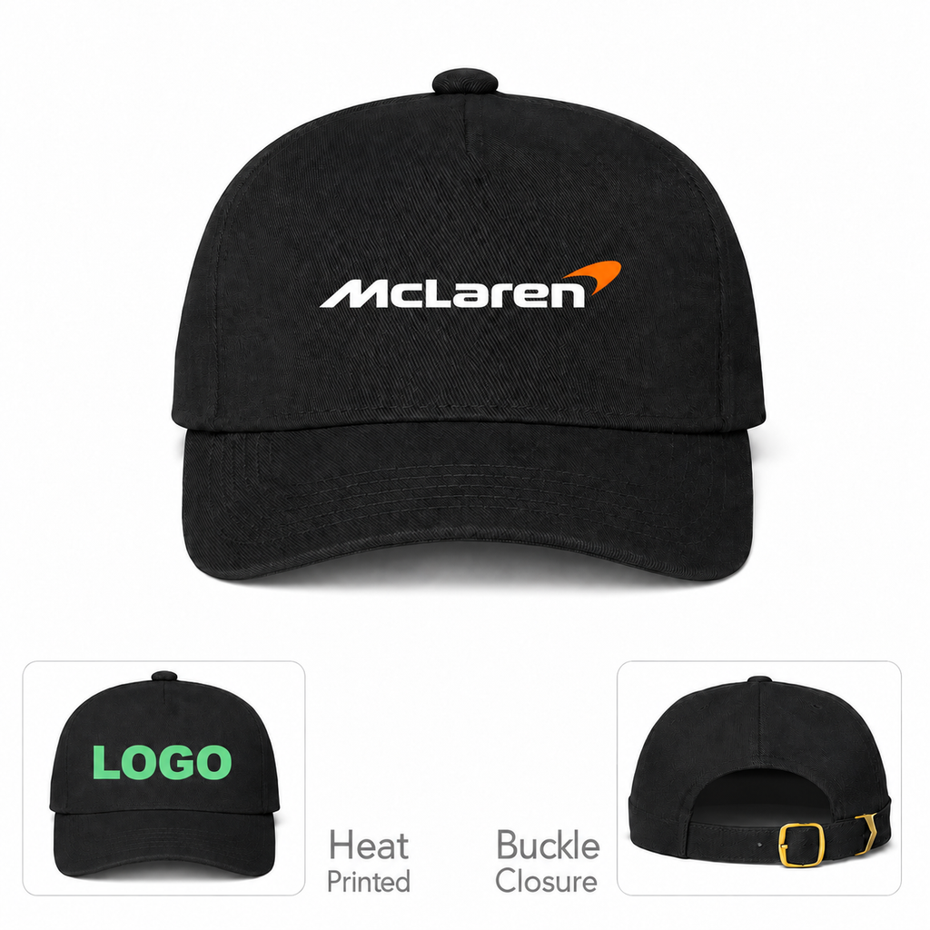 McLaren Car Dad Baseball Cap Hat | Color: Black | Main front with heat-print and buckle details