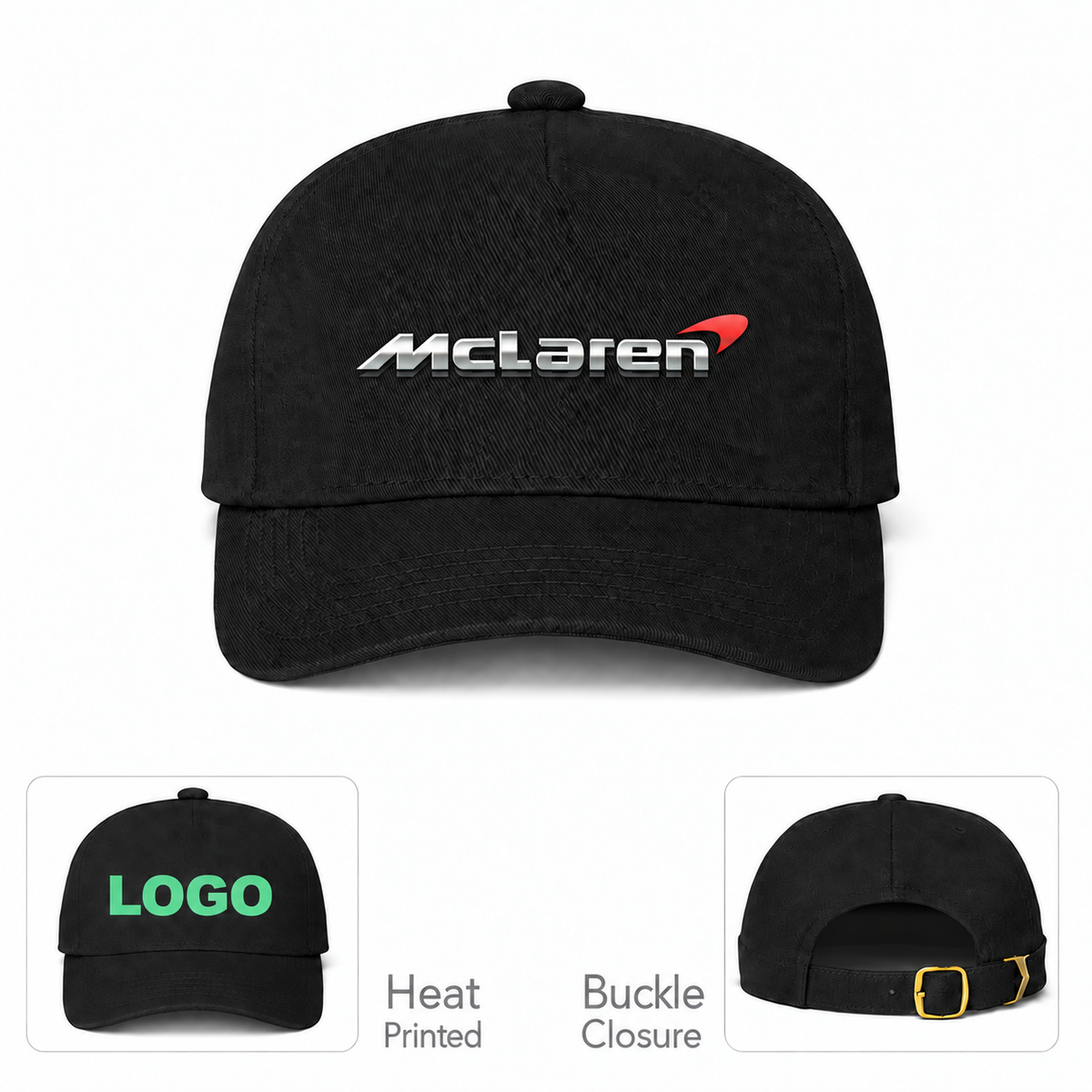 McLaren Car Dad Baseball Cap Hat | Color: Black | Main front with heat-print and buckle details