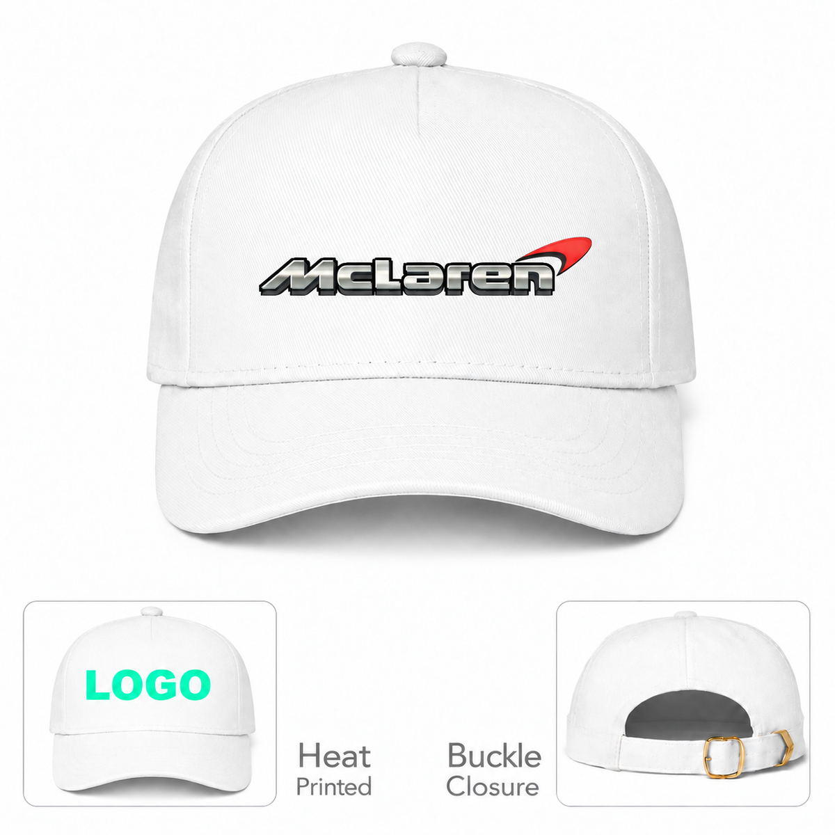McLaren Car Dad Baseball Cap Hat | Color: White | Main front with heat-print and buckle details