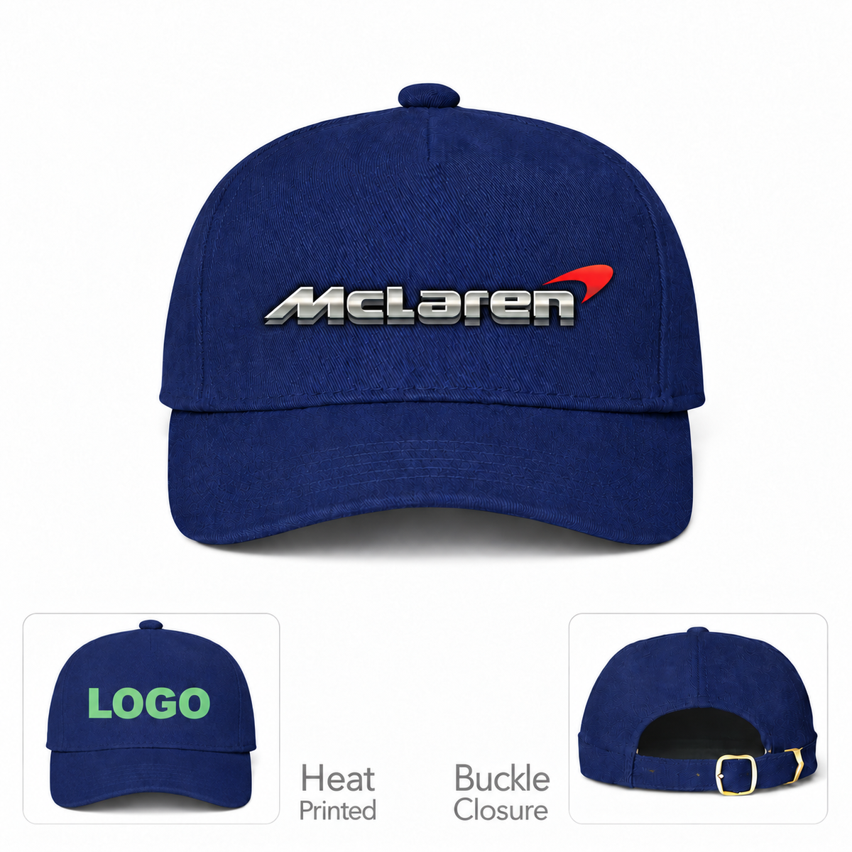 McLaren Car Dad Baseball Cap Hat | Color: Navy | Main front with heat-print and buckle details
