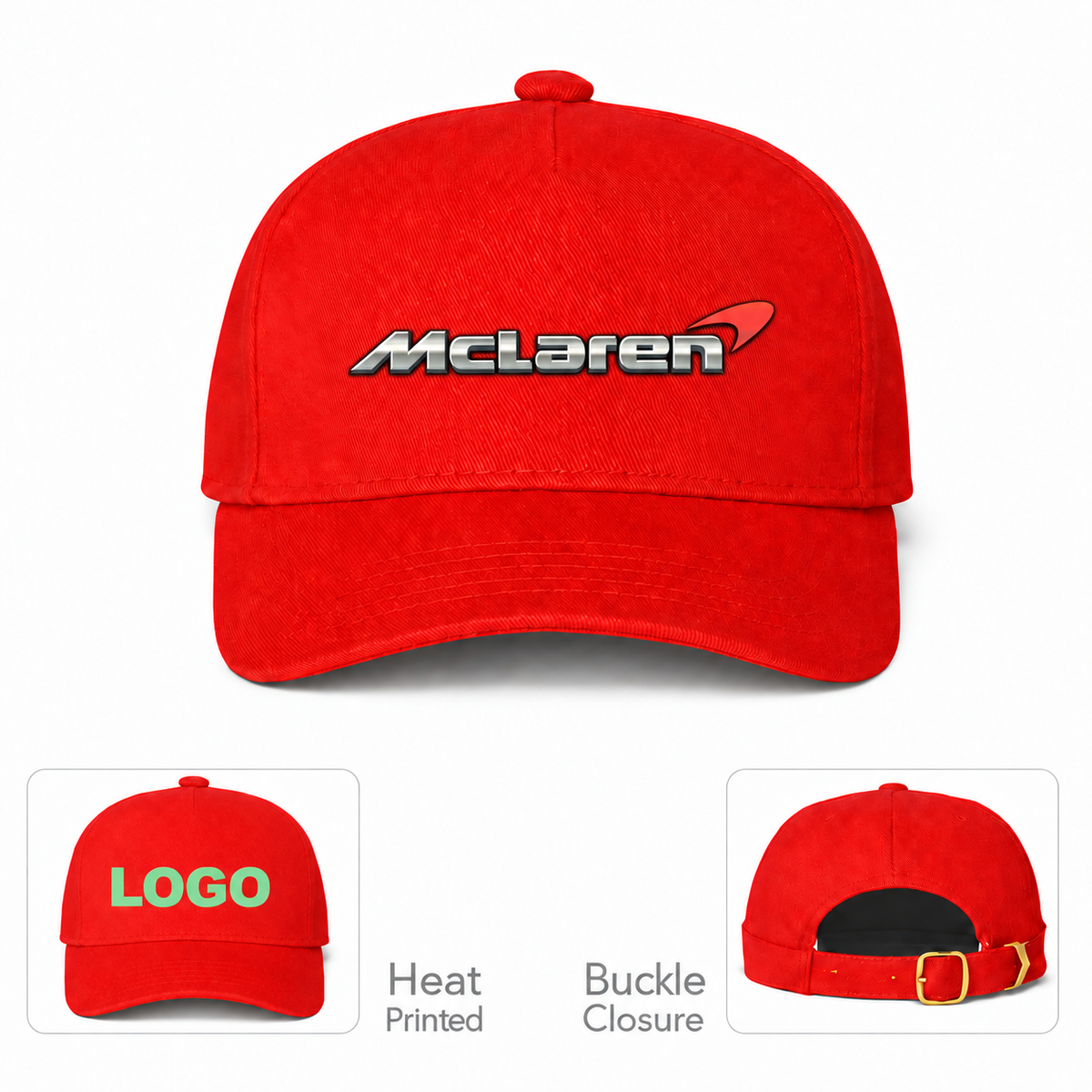 McLaren Car Dad Baseball Cap Hat | Color: Red | Main front with heat-print and buckle details