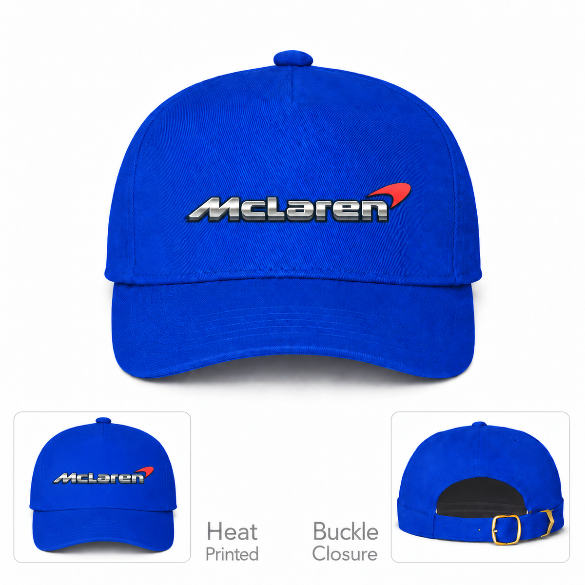 McLaren Car Dad Baseball Cap Hat | Color: Royal Blue | Main front with heat-print and buckle details