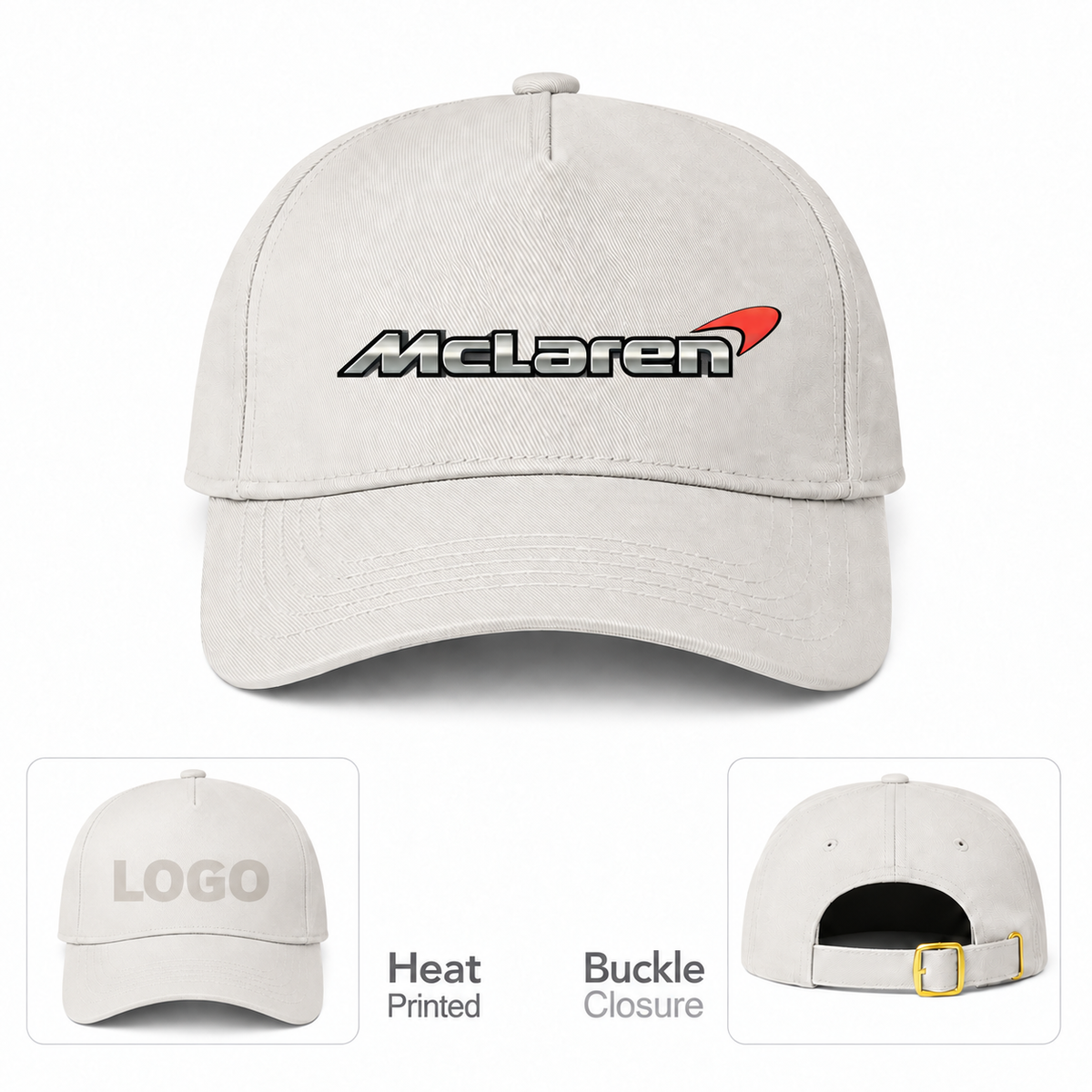 McLaren Car Dad Baseball Cap Hat | Color: Beige | Main front with heat-print and buckle details