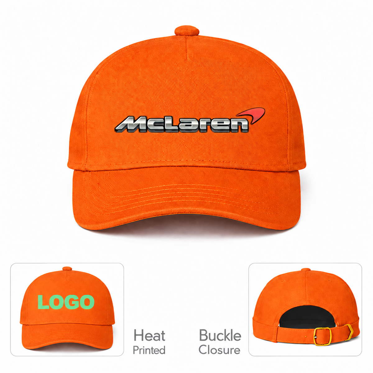 McLaren Car Dad Baseball Cap Hat | Color: Orange | Main front with heat-print and buckle details