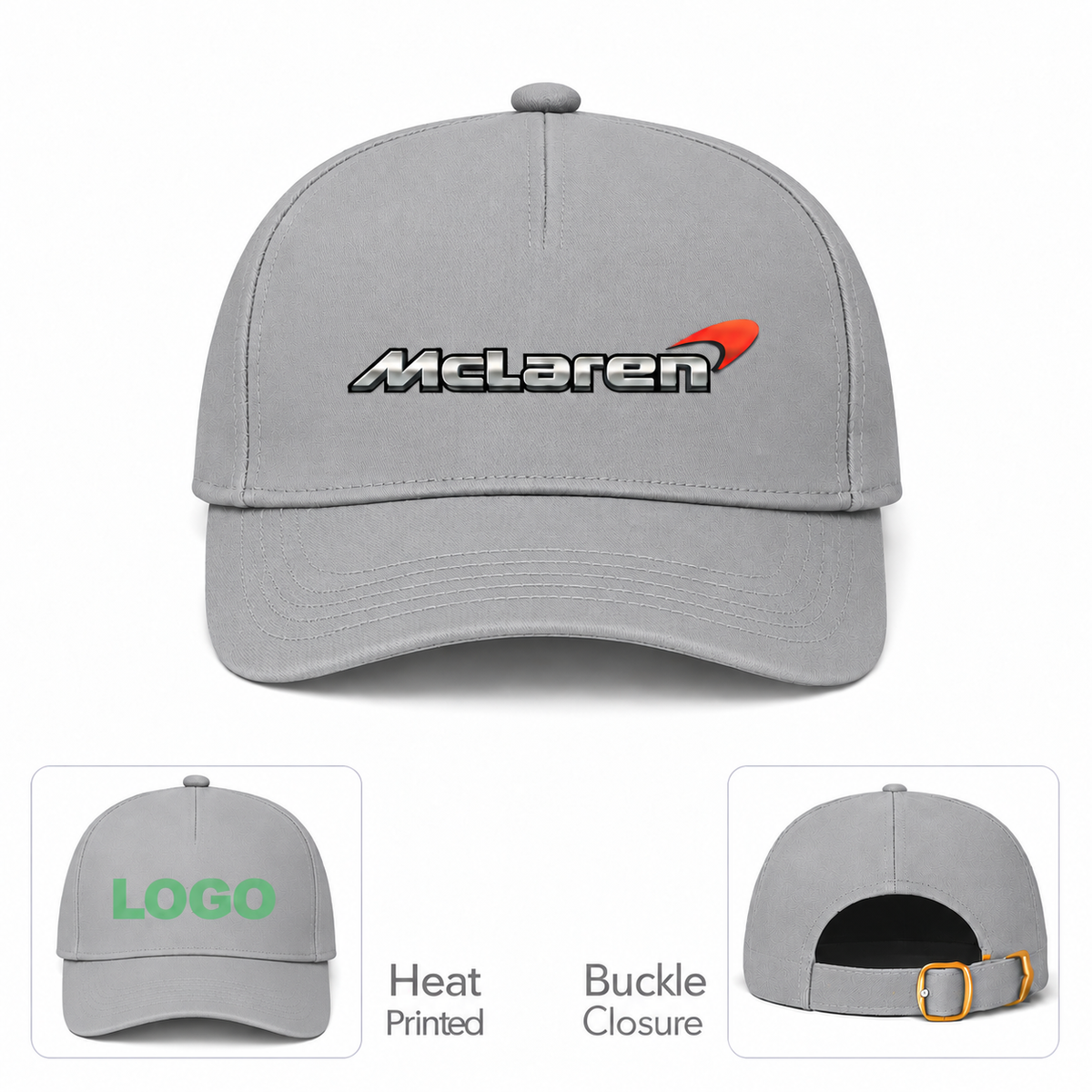 McLaren Car Dad Baseball Cap Hat | Color: Gray | Main front with heat-print and buckle details