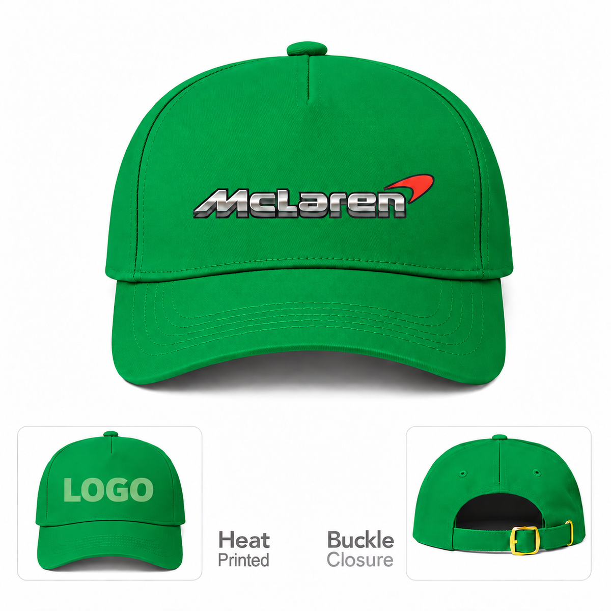 McLaren Car Dad Baseball Cap Hat | Color: Kelly Green | Main front with heat-print and buckle details