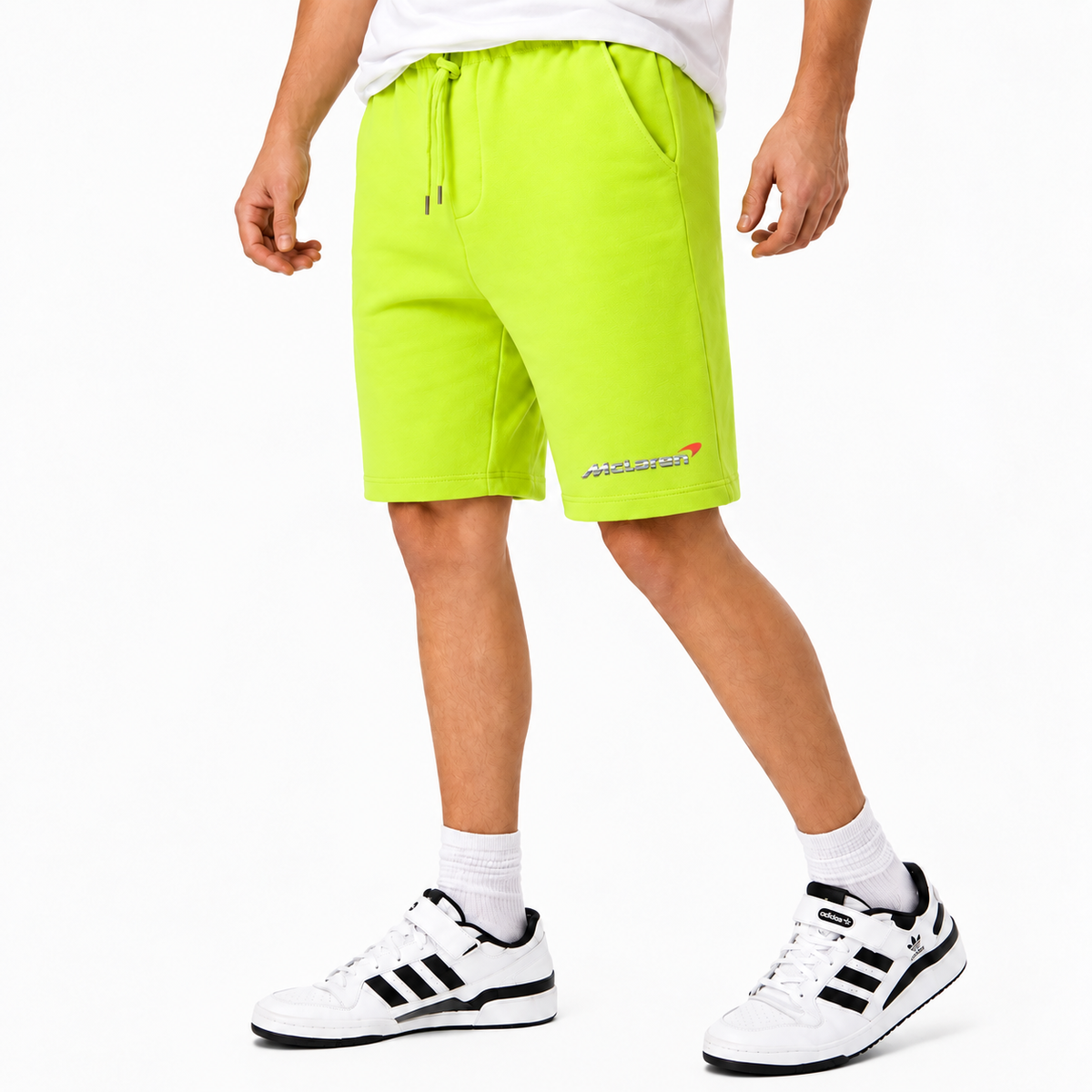 McLaren fleece shorts Lime Green front logo near left hem