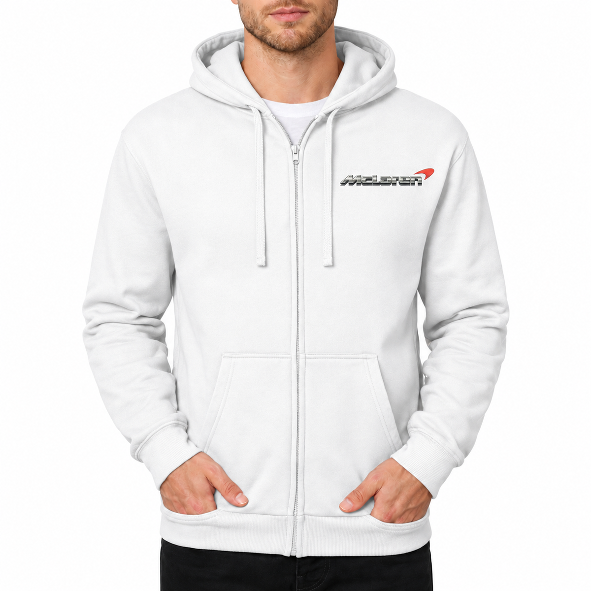 McLaren White zipper hoodie front left chest heat transfer