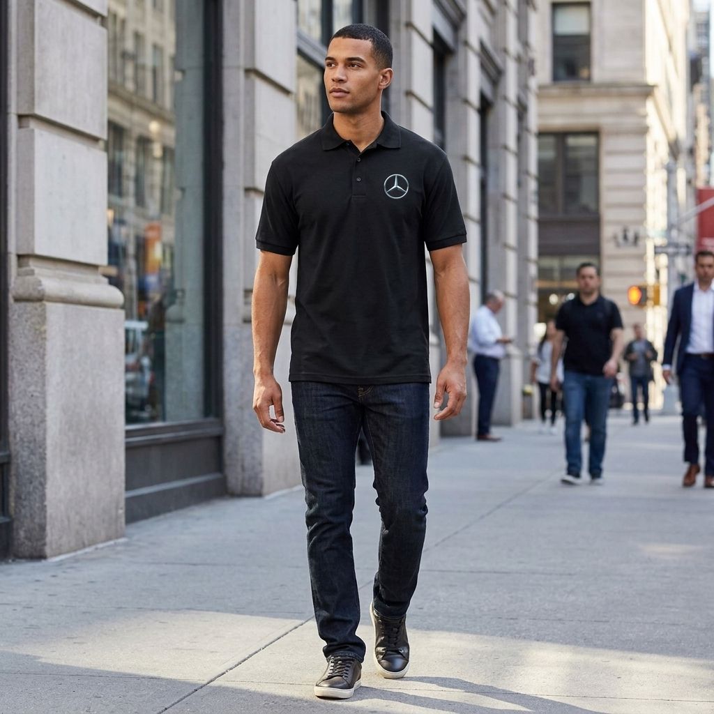 Full-body view of a male model wearing the Mercedes-Benz polo on a city sidewalk, showcasing fit and casual style in natural daylight.