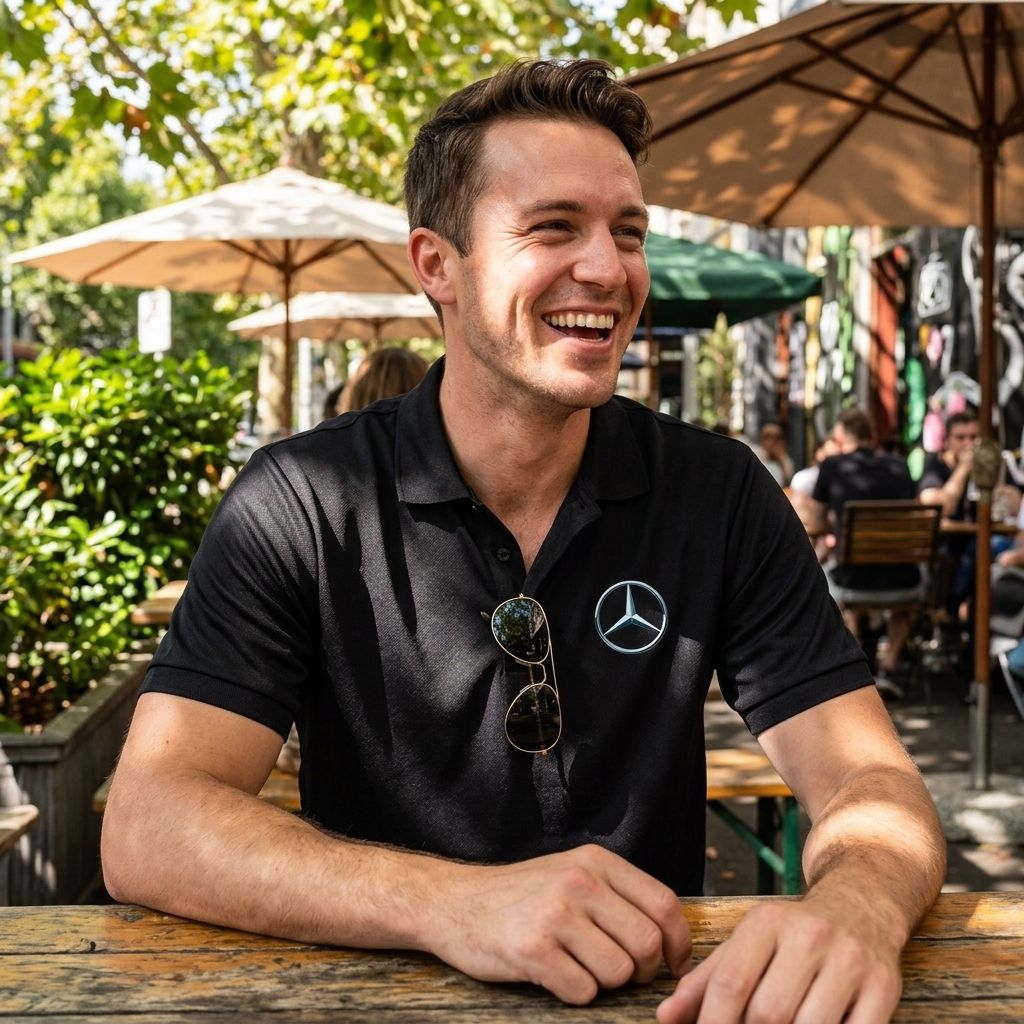 Casual man at outdoor cafe wearing the Mercedes-Benz polo, with sunlight and greenery highlighting breathable fabric and relaxed look.