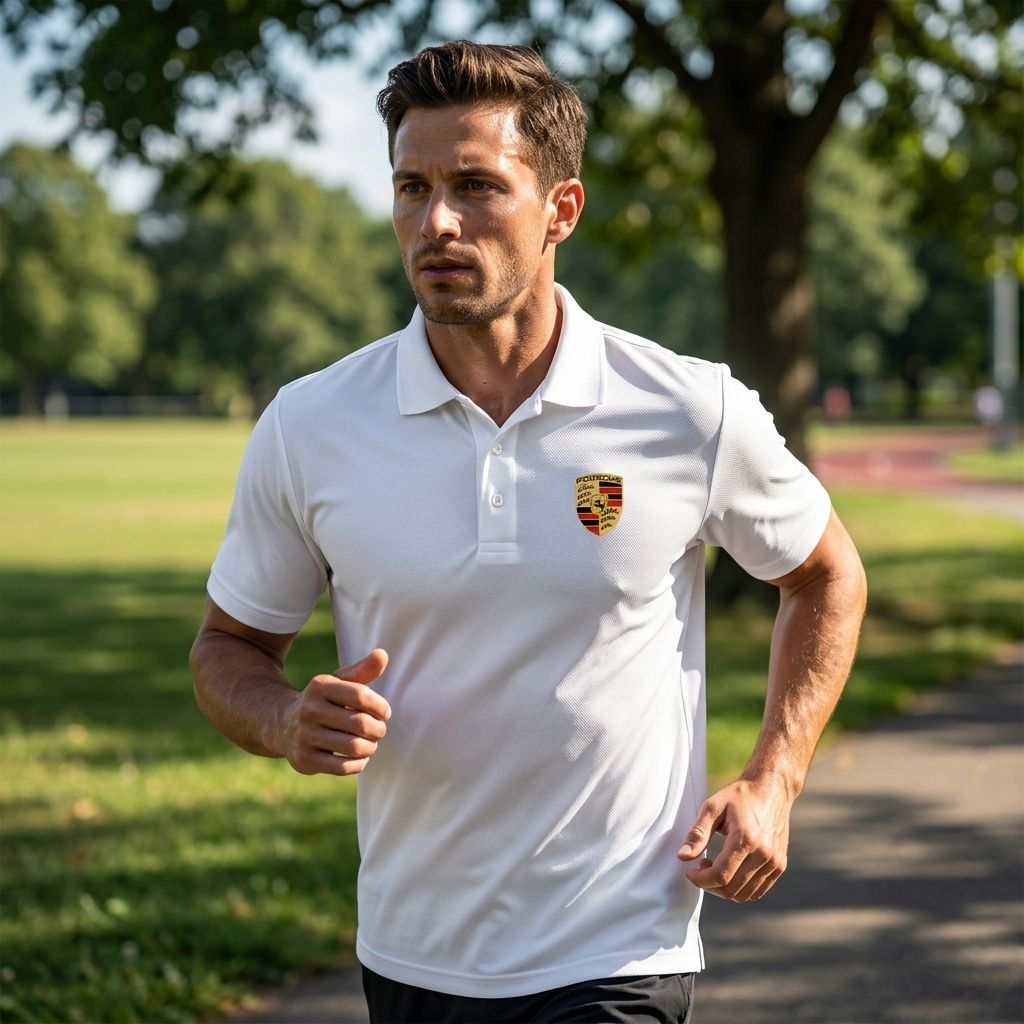 Action shot of man wearing men's Porsche polyester polo during outdoor activity, demonstrating moisture-wicking fabric.