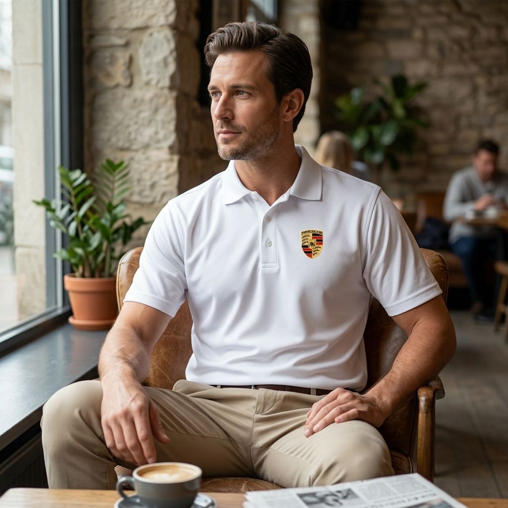 Casual lifestyle image of man in men's Porsche polyester polo in lounge setting, highlighting relaxed fit and soft fabric.