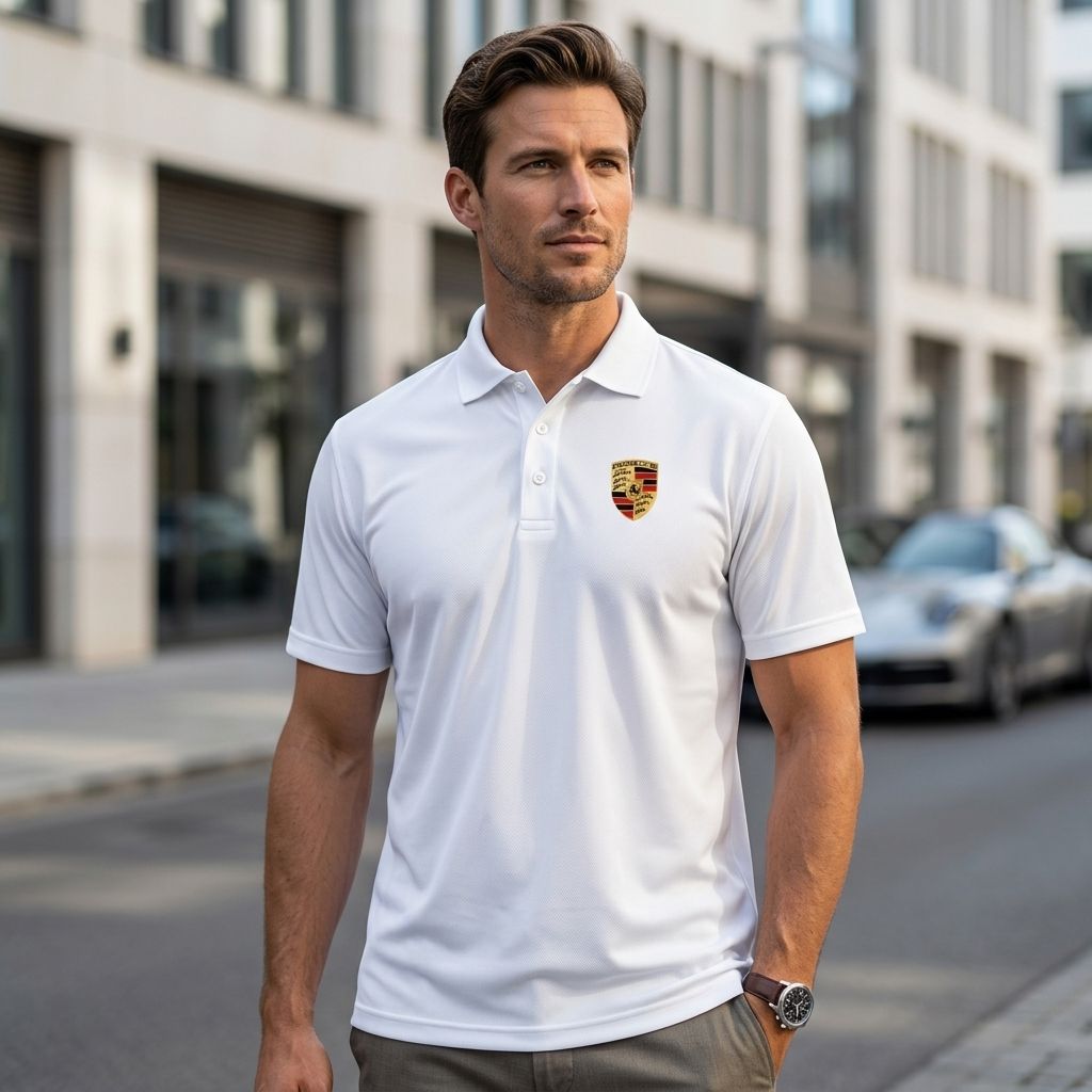 Close-up of men's Porsche polyester polo highlighting breathable fabric and reinforced collar stitching.