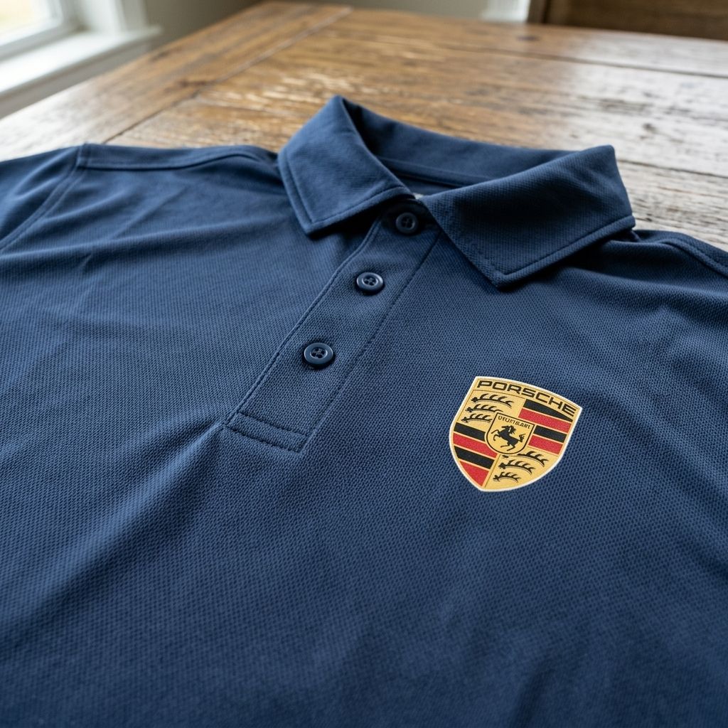 Close-up of Porsche polyester polo fabric focusing on texture, reinforced stitching, and fade resistance on a rustic wooden surface.