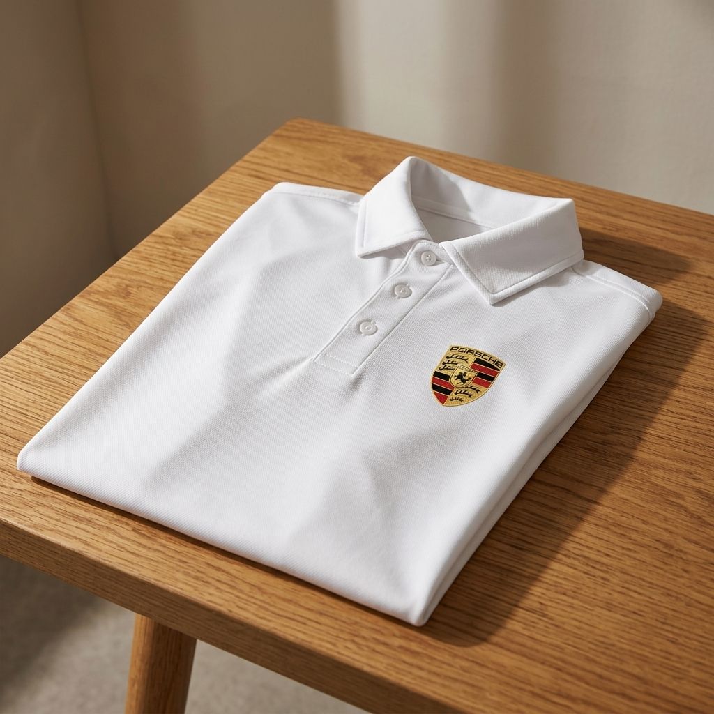 Flat lay of men's Porsche polyester polo on textured wooden surface, emphasizing slim fit and fabric quality.