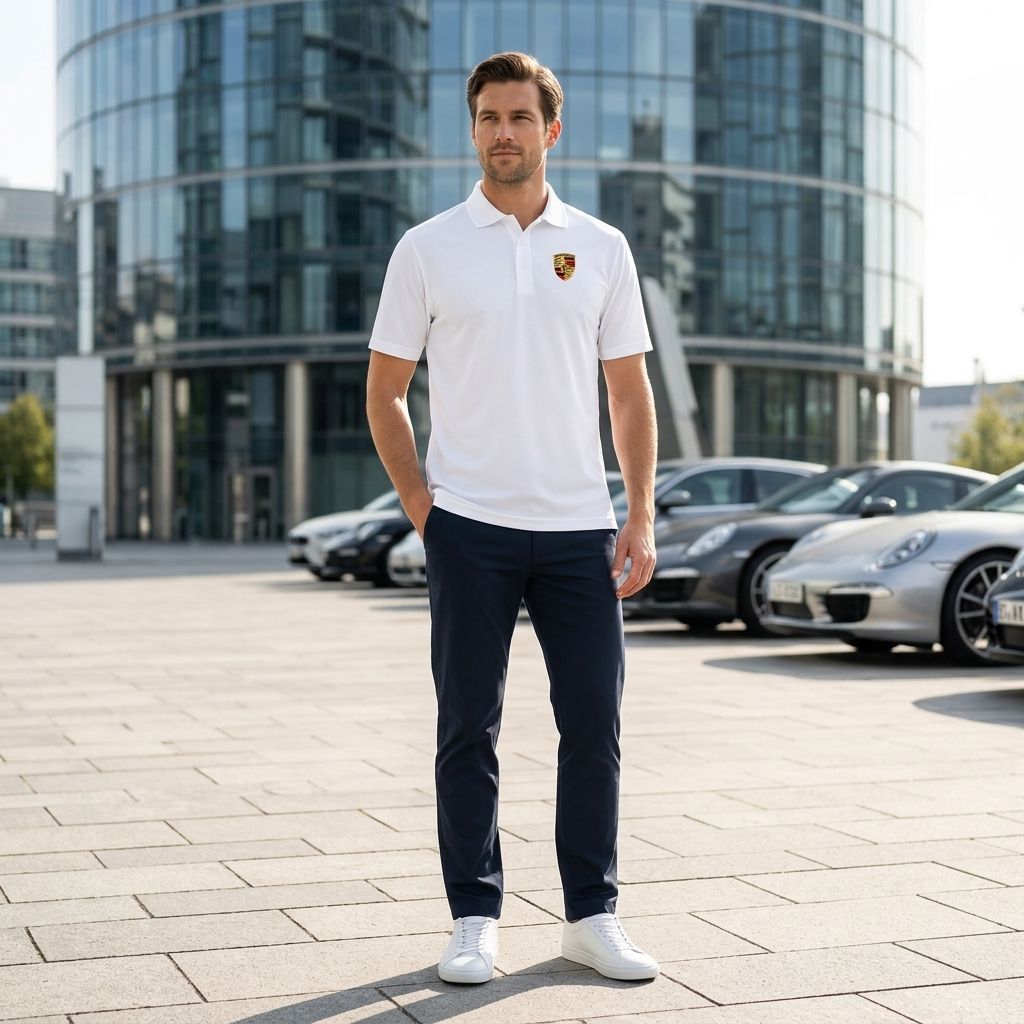 Full-body view of man wearing men's Porsche polyester polo in street environment, showcasing athletic fit and style.