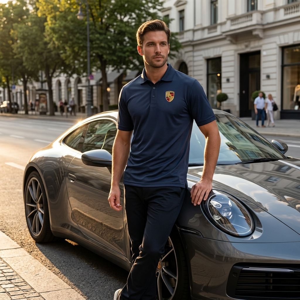Man wearing navy Porsche polyester polo standing against a sleek car on a city street during golden hour, highlighting fabric texture and fit.
