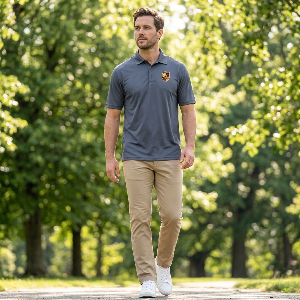 Man walking in a park in white Porsche polyester polo, emphasizing comfort, moisture-wicking properties, and relaxed style with greenery background.