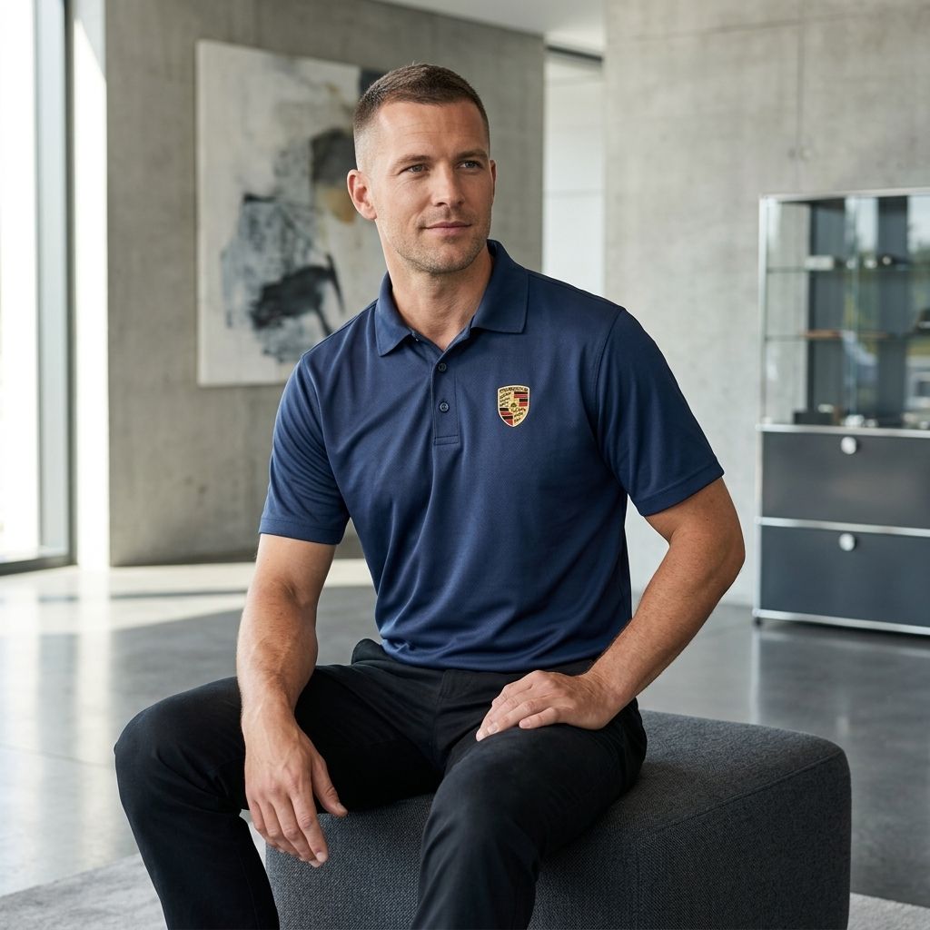 Model seated in a contemporary showroom wearing navy Porsche polyester polo, showcasing breathable fabric and athletic fit under natural lighting.