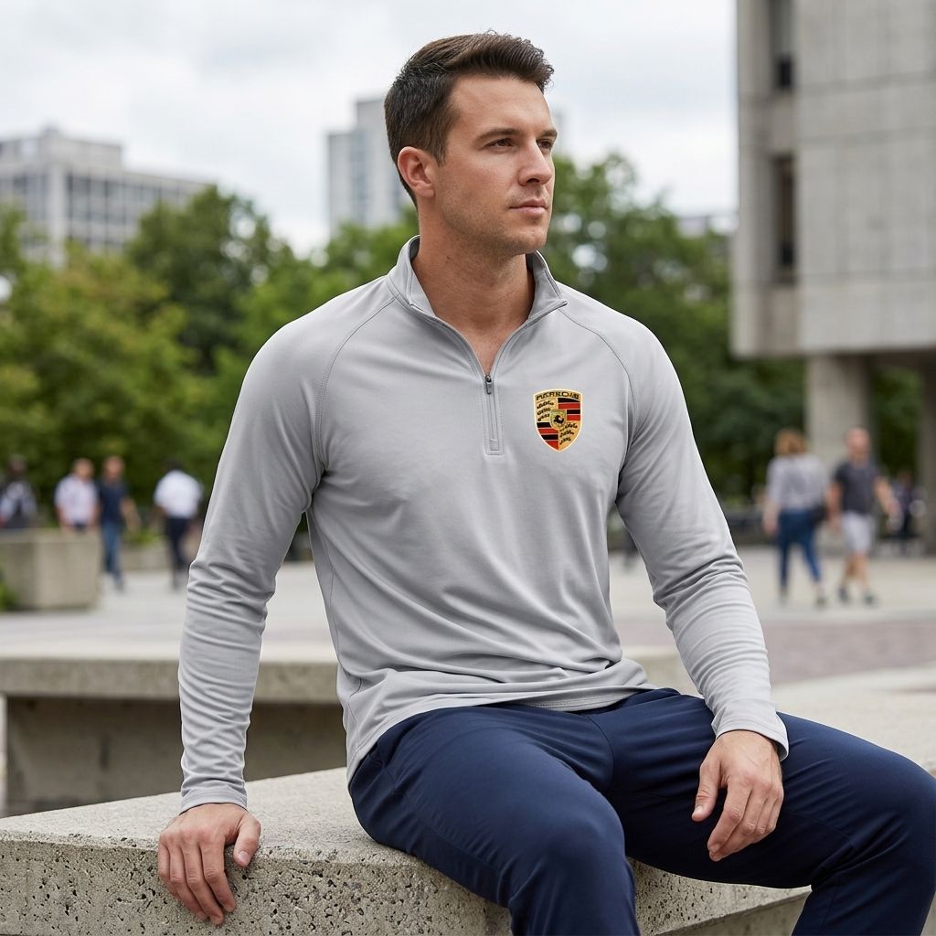Side view of casually sitting male model in Porsche athletic shirt on concrete bench with urban backdrop, illustrating comfort and style.