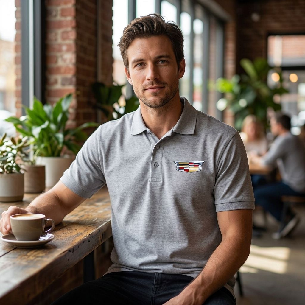Lifestyle shot of male at café wearing Cadillac Polo, focus on collar and casual style.