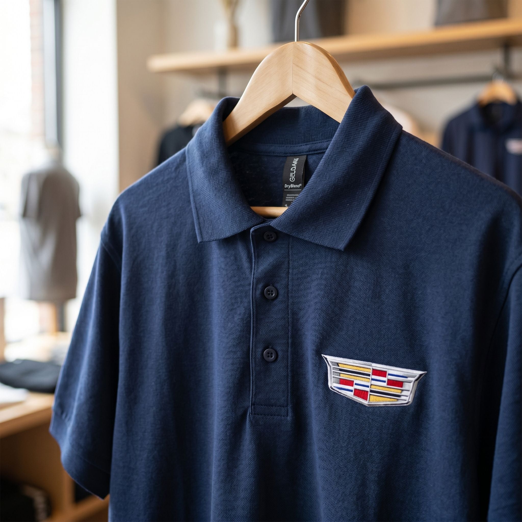 Close-up of Men's Cadillac Car Dry Blend Polo showing textured cotton-polyester knit fabric, welt collar, and dyed-to-match buttons.