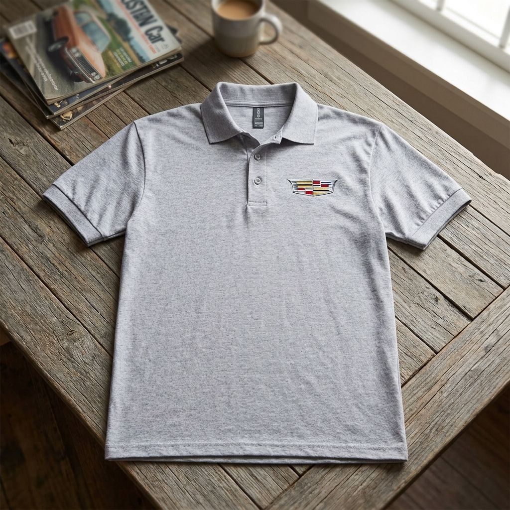 Flat lay of men's Cadillac Polo on rustic wooden table showing fabric, collar, and cuffs.