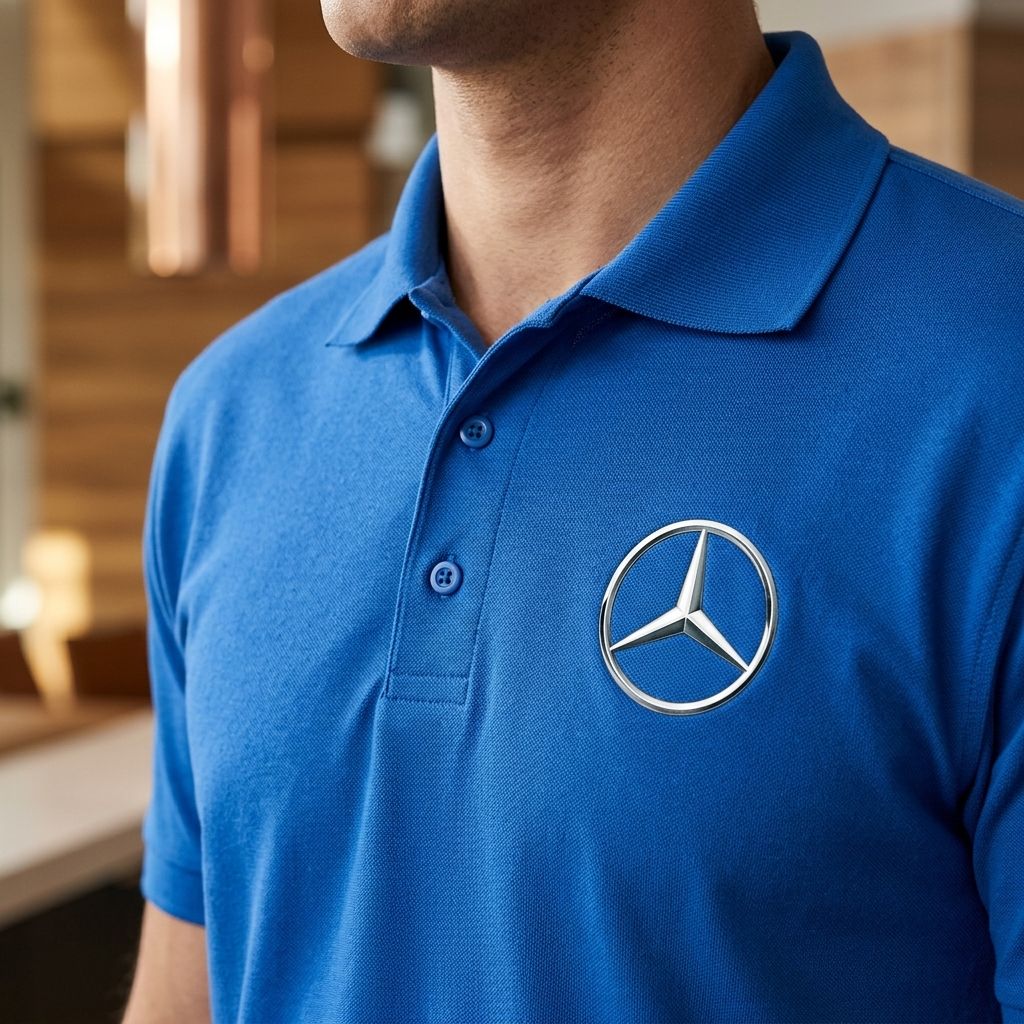 Close-up of men's Mercedes-Benz Dry Blend Polo highlighting collar, placket, and fabric texture in natural indoor lighting.